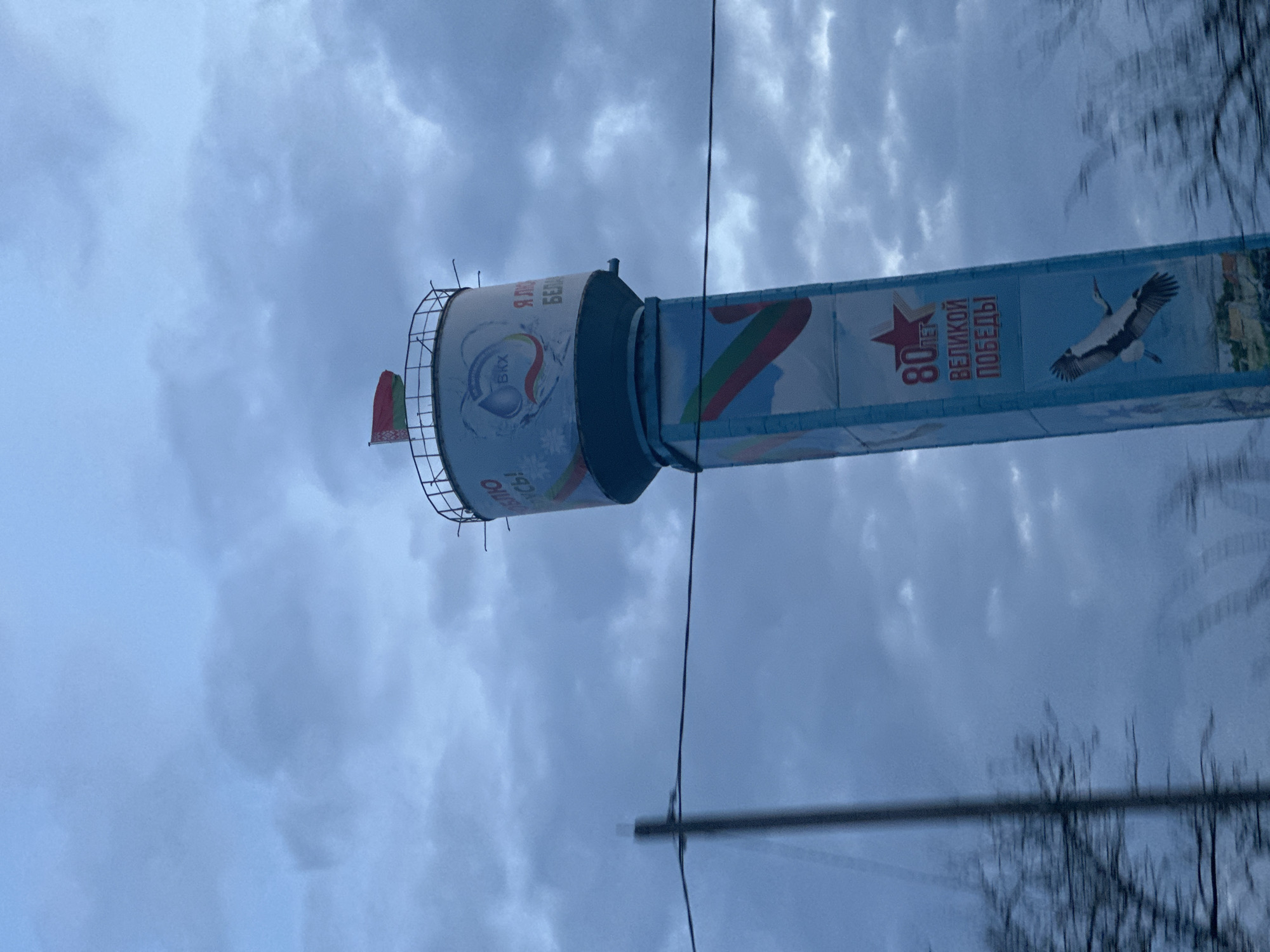 An outdoor, mid-range image captures a tall, decorated water tower located in the city of Liozna, Belarus, beneath an overcast, grey-blue sky.

The upper section of the tower is a white and light blue cylindrical tank, encircled by a metal railing. A red and green flag, consistent with the flag of Belarus, is mounted on this railing. Painted motifs on the tank include partial Cyrillic text "ЛЮБЛЮ ВАС!" (I love you!) alongside a rainbow graphic, a central blue water droplet logo containing the Cyrillic letters "БКХ," and partial Cyrillic text "Я ЛЮБЛЮ БЕЛ..." (I love Bel...).

The water tower's supporting shaft is a light blue, rectangular column. It features a diagonal red and green stripe. Below this, prominent red Cyrillic text "80 ЛЕТ ВЕЛИКОЙ ПОБЕДЫ" (80 Years of Great Victory) is displayed, accompanied by a red star emblem. Near the visible base of the shaft, a large white stork with black wingtips is depicted in flight over a stylized landscape.

The sky is uniformly covered with dense, grey and bluish clouds. In the immediate left foreground, a blurred dark utility pole with horizontal wires is visible. Additional blurred, dark, bare tree branches appear on the left and bottom right of the frame, indicating motion blur from the camera.