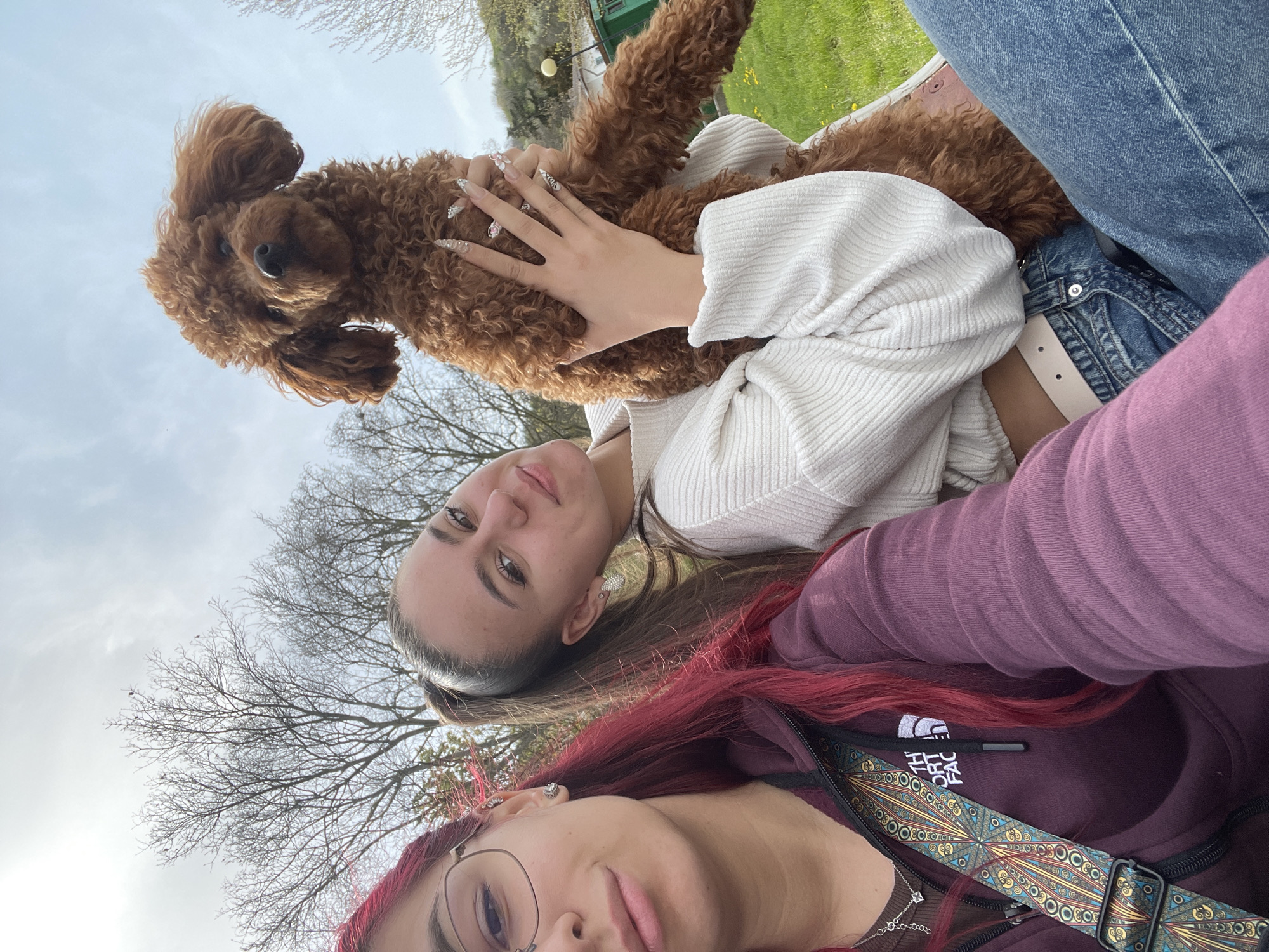 Two young women are pictured outdoors in Nikopol, Bulgaria, likely in a park setting. The woman in the foreground has red hair and is wearing glasses and a dark purple hooded sweatshirt. The second woman, positioned behind her, has brown hair and wears a light-colored sweater and jeans. A small brown poodle is held by the woman in the sweater. Bare trees are visible in the background, along with patches of green grass. The image is taken from a low angle, looking up at the subjects.