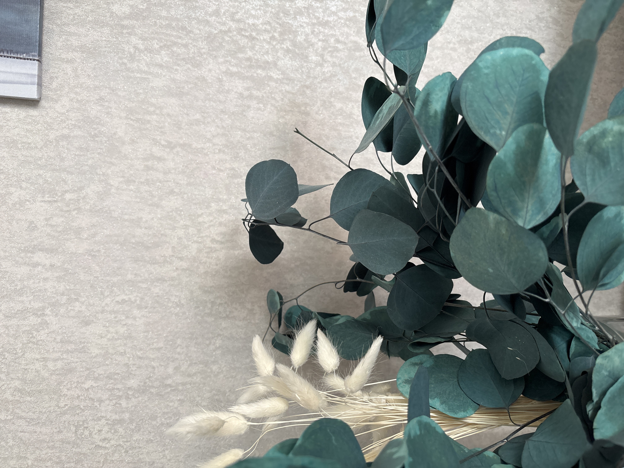 A close-up, eye-level shot displays a bouquet of dried eucalyptus leaves and bunny tails against a textured, off-white wall. The eucalyptus leaves are a deep teal hue, with a matte finish and visible veining. They are arranged in a dense cluster, with some leaves overlapping and obscuring others. Delicate, thin stems extend from the leaves, some of which are bare. To the left of the eucalyptus, a bunch of dried bunny tail grass is visible. These plumes are a pale cream color and have a soft, fluffy texture. The wall behind the bouquet has a subtle, almost gritty texture, with a faint sheen that catches the light in places. In the upper right corner of the frame, a sliver of a framed picture or artwork is visible, featuring muted tones of white, grey, and a hint of blue. The lighting is soft and diffused, casting subtle shadows that add depth to the scene. The overall impression is one of quiet, natural elegance, likely captured indoors.