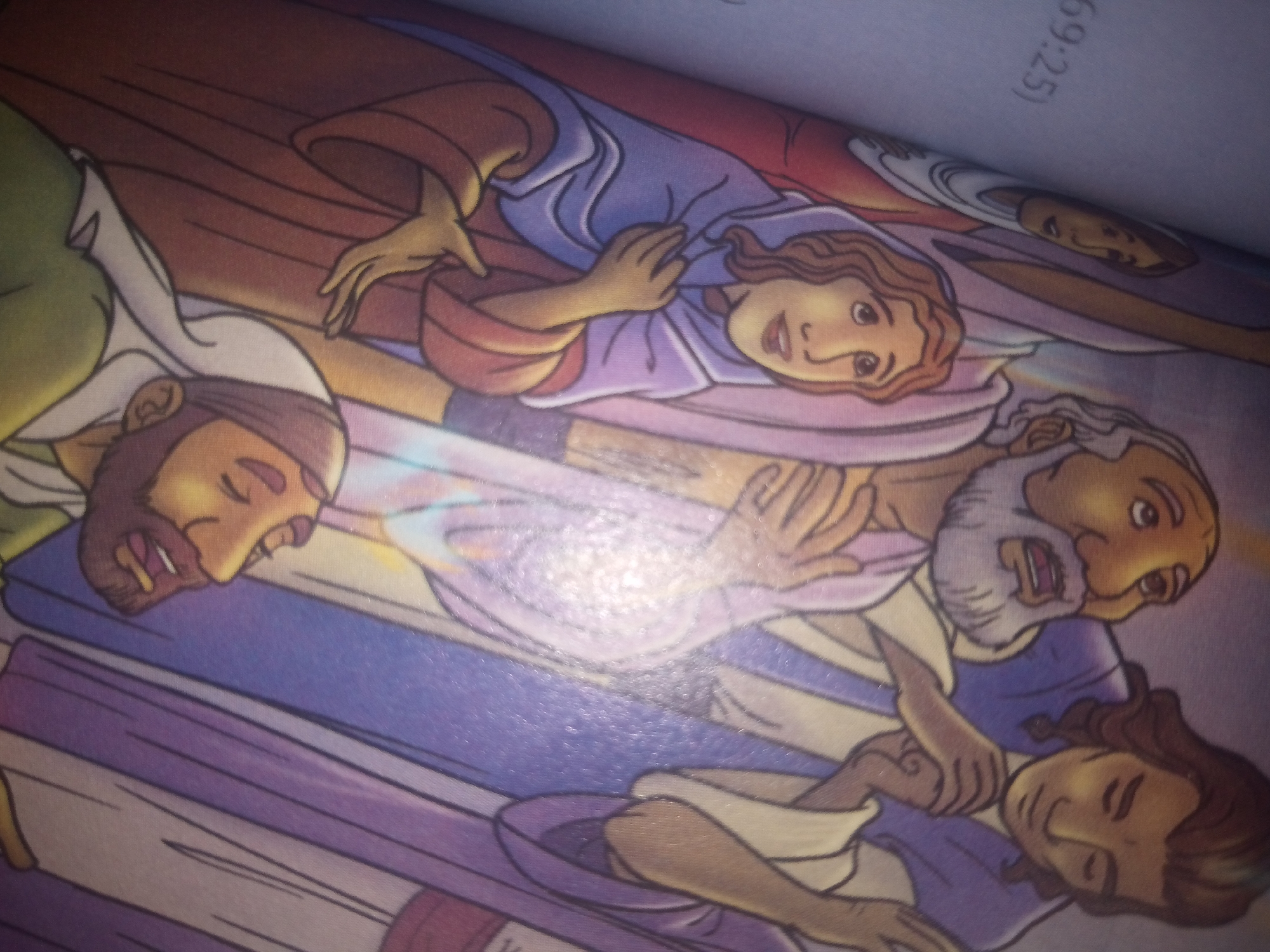 The image is a close-up, angled shot of an illustration that appears to be from a book or religious text. The artwork depicts several figures in stylized, cartoonish representations. In the foreground, a person with dark, curly hair and an open mouth is being embraced or supported by another figure with a white beard and expressive eyes, who is also speaking or shouting. This figure's body is partially obscured by a blue garment and beige robes. To the left, another figure with a brown beard and closed eyes is lying down, their head resting on a white garment. Further to the left and partially visible is a figure in a green garment. The background consists of warm, radiating colors, suggesting a divine or dramatic light source. The illustration's style is colorful and has a somewhat flat, two-dimensional quality. Text is visible in the upper right corner of the image, reading "69:25)" in a dark font against a lighter background, implying a scriptural reference. The image is not set in any specific city or location.