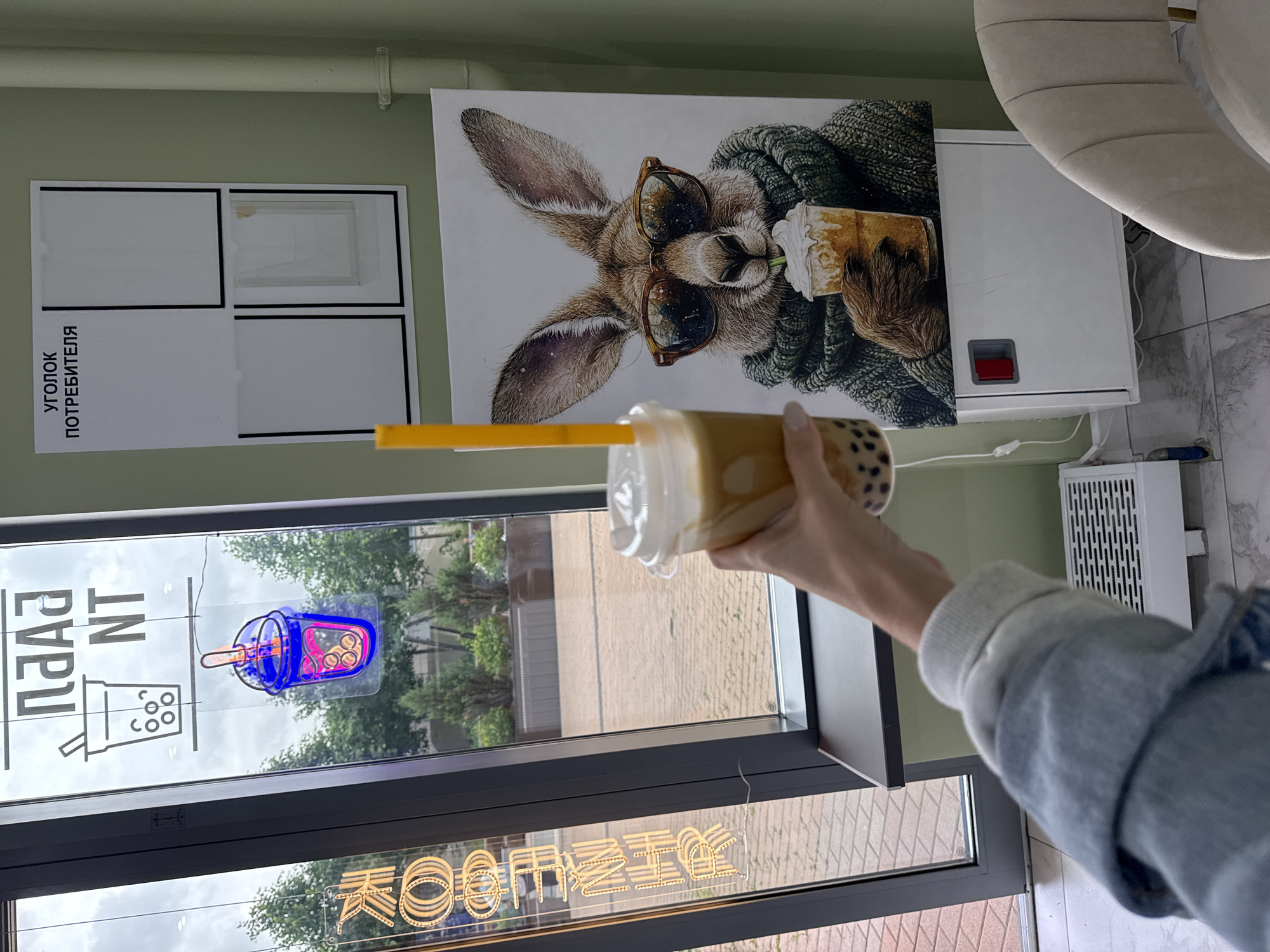 This is a medium shot of a person holding a bubble tea in a cafe in Moscow, Russia. The person is wearing a denim jacket and a white hoodie. The bubble tea is in a clear plastic cup with a white lid and a yellow straw. In the background, there is a window with a neon sign advertising bubble tea. There is also a poster of a kangaroo wearing sunglasses and a sweater. The cafe has a minimalist design with light green walls and a white cabinet.