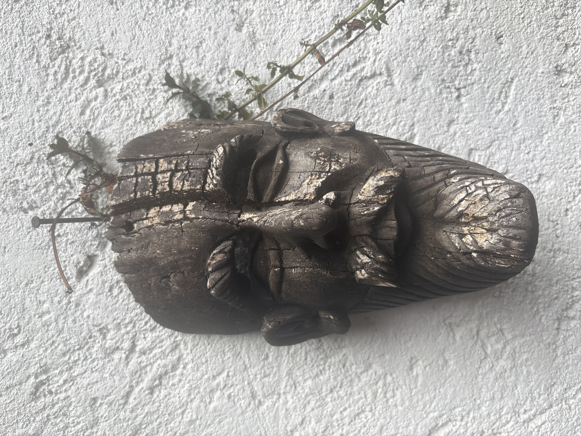 A wooden sculpture of a face, seemingly aged and weathered, is mounted on a white, textured wall. A thin branch with sparse green leaves extends from the top of the head. A rusted nail protrudes from the left side of the head, pinning the branch to the wall. The location is presumed to be Cañada de Madero, Mexico.