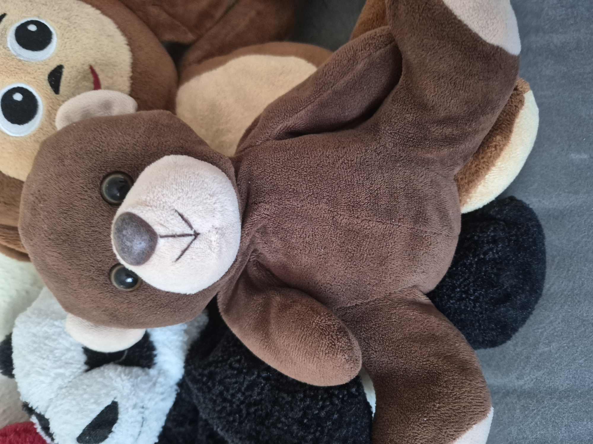 A close-up, eye-level, medium shot captures a collection of stuffed animals. In the foreground, a brown teddy bear is seated, facing forward. The bear has a light brown muzzle with a stitched black nose and mouth. Its eyes are round and black. To the left of the bear, a portion of a black and white panda stuffed animal is visible, its face turned to the left. Behind the teddy bear and to its right, a tan stuffed animal resembling a monkey is partially visible, with large white eyes and black pupils. The stuffed animals are arranged on a textured gray surface. The lighting is even, with no strong shadows.