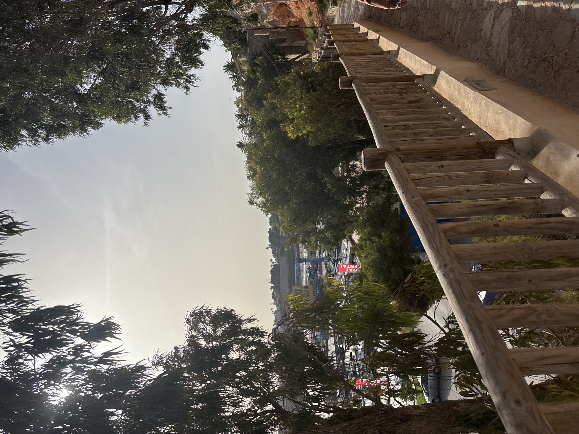 The image depicts a scenic walkway with a rustic wooden railing in the foreground, overlooking a harbor filled with numerous boats. The walkway is paved with stones and runs alongside a concrete barrier. Lush green trees line the left side of the walkway, with their branches framing the view of the harbor and the distant cityscape. The harbor features a dense collection of yachts and smaller vessels. In the background, buildings and palm trees are visible against a hazy, sunlit sky. Red banners, possibly advertising boat rentals, are intermittently placed among the boats. The overall impression is a coastal urban environment with a focus on maritime activity and leisure.
