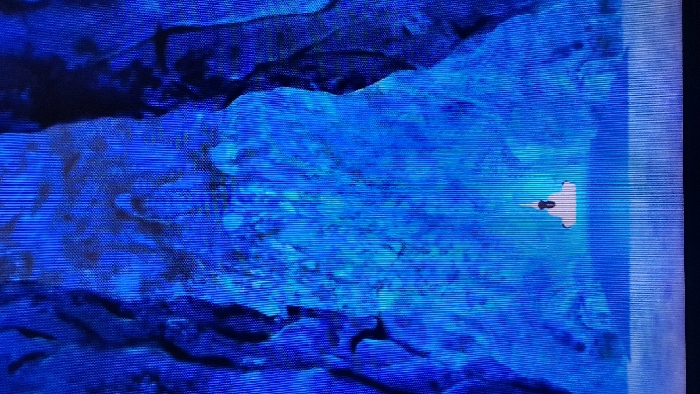 The image shows a digital representation of a blue, pixelated, and abstract landscape. The image appears to be of a screen displaying an image, as there are faint horizontal lines running across the entire image. The background is a light blue and dark blue gradient with an abstract shape in the middle of the screen. It has a lighter, white color at the bottom. There is a small white object in the middle of the image, which is a boat. The location of the coordinates (latitude: 44.907, longitude: -0.238) corresponds to the city of Libourne, France.
