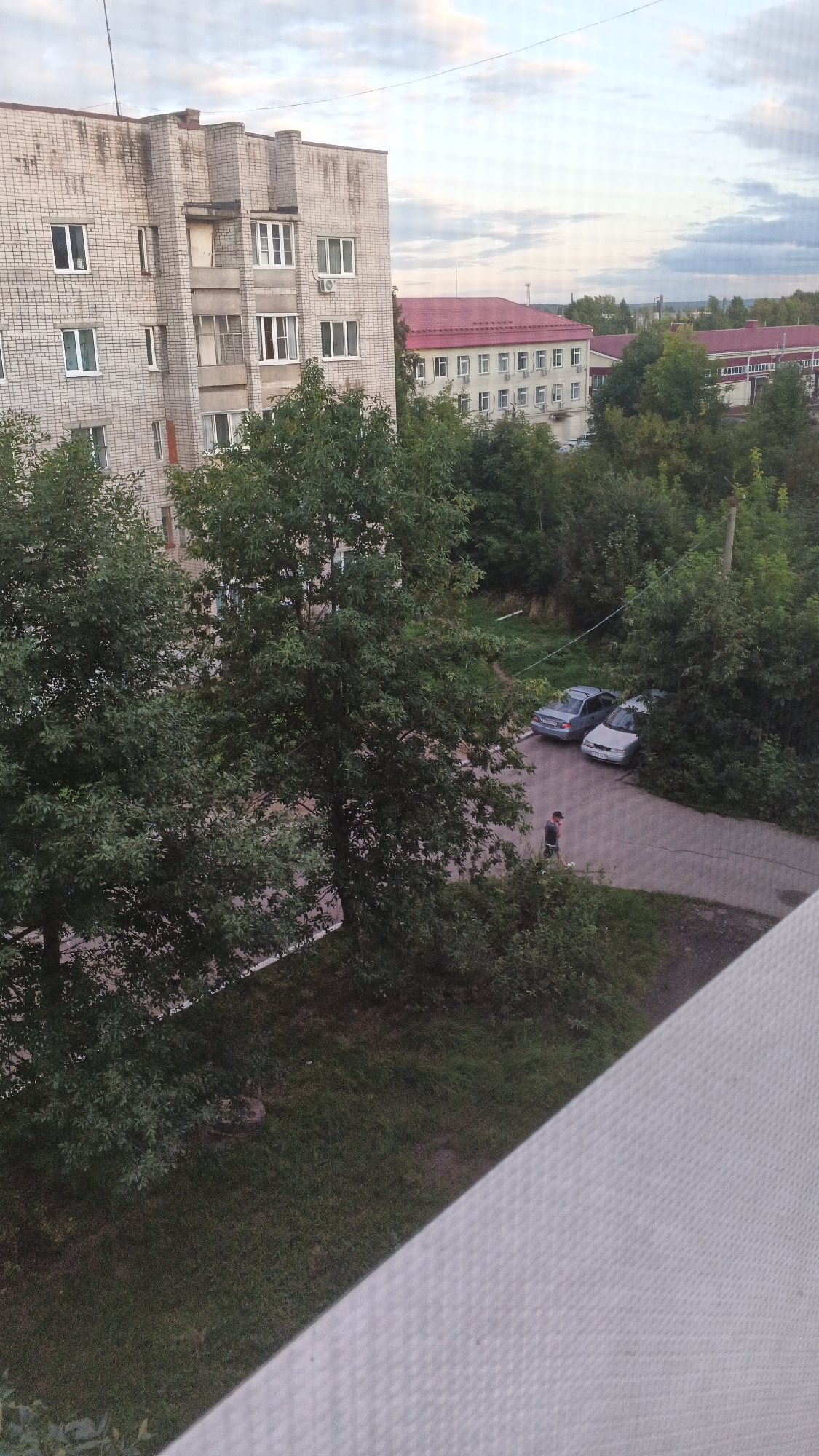 The image depicts a residential courtyard in Izhevsk, Russia, as seen from a high vantage point, possibly a window, with a textured screen in the foreground. In the background, a multi-story brick apartment building with white-framed windows stands to the left. Adjacent to it, a long, light-colored building with a red tiled roof and numerous windows is visible. Further in the distance, other low-rise buildings and trees can be observed under a cloudy sky.
The mid-ground features dense green trees that partially obscure a paved area. On this paved area, two cars are parked: a blue sedan and a lighter-colored sedan. A solitary figure, a person wearing a dark shirt and a cap, is walking on the paved path between the trees. The ground is covered with grass and some areas of dirt. The overall impression is that of a typical urban residential environment.