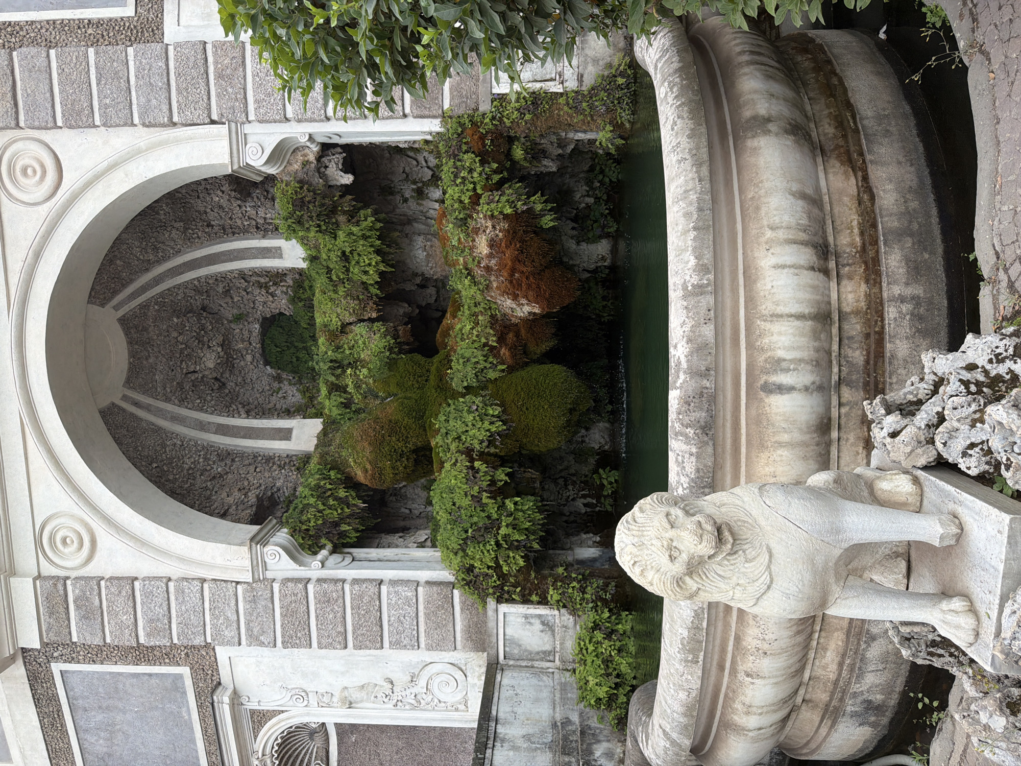 The image depicts an outdoor scene with an elaborate fountain and architectural elements. The central subject is a partially visible, large stone fountain with a tiered design. The fountain's basin is filled with dark, still water, and the surrounding structure is made of weathered, possibly marble, stone with ribbed detailing. To the left of the fountain, there is a section of a building with a large, arched opening. This opening reveals a grotto-like interior with rough stone walls and lush green vegetation, including ferns and moss, growing on the rocks. The vegetation is abundant and appears to be thriving.
In the foreground, to the right of the fountain, is a stone sculpture of a lion, facing left. The lion is depicted in a seated or resting posture, with a detailed mane and facial features. It rests on a square pedestal. Behind the lion, more of the fountain's structure and some rocky terrain with sparse vegetation are visible.
The architectural style suggests a historical or classical setting, possibly a garden or courtyard of a villa or palace. The lighting appears to be natural, suggesting it was taken during the daytime, though the exact time of day is not evident. The overall impression is one of serene beauty and artistic craftsmanship, with a blend of natural and man-made elements. There is no visible text in the image.