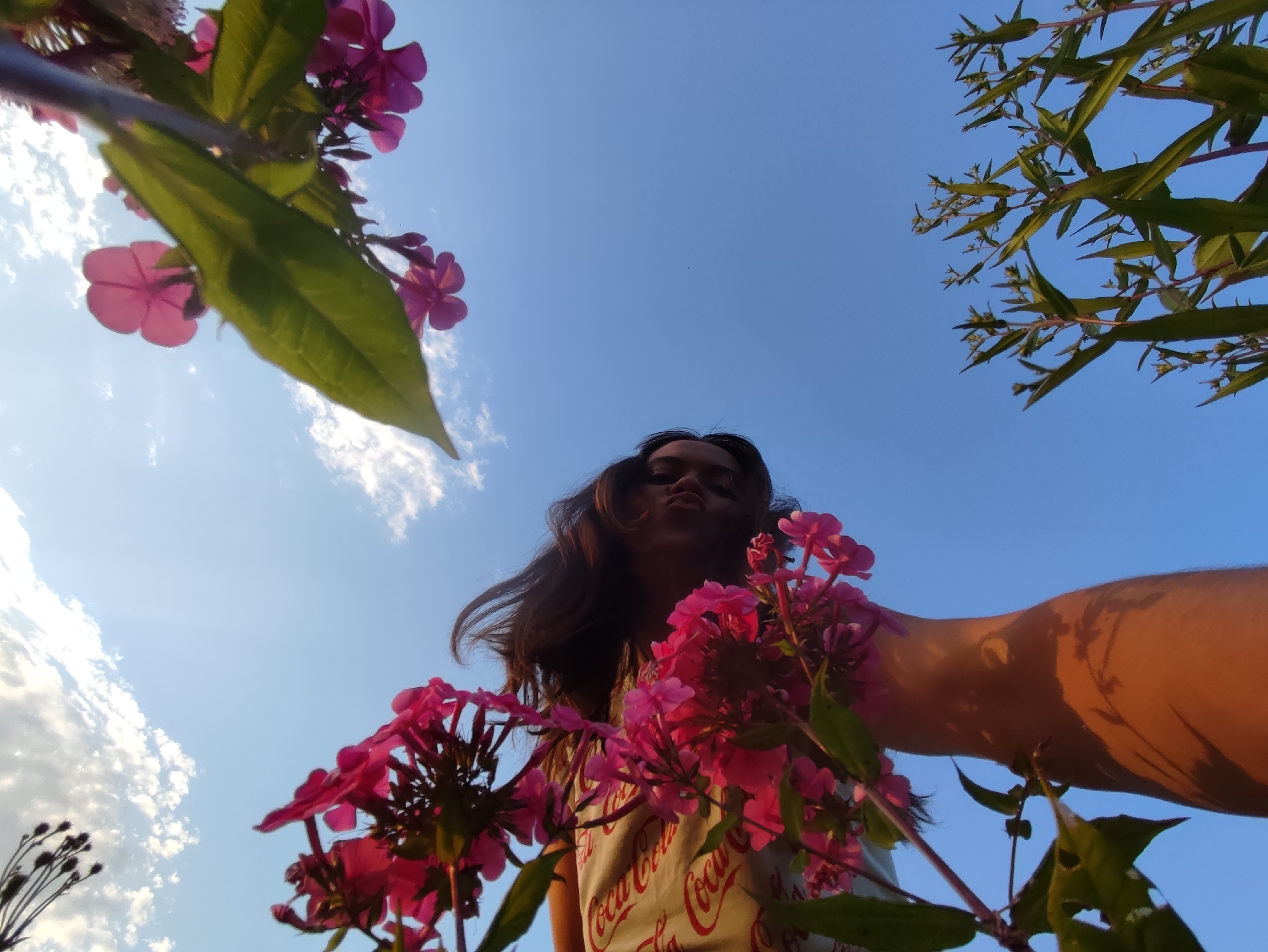 An outdoor, low-angle, wide shot captures a young woman in a light-colored t-shirt with a repeating "Coca-Cola" logo, standing outside under a bright blue sky with scattered white clouds. She is looking up at the camera with her lips puckered. Pink flowers are in the foreground, framing her face and chest. A hand is visible in the lower right of the frame, extended towards the camera. The background shows a clear blue sky with some wispy clouds. The image composition suggests the photo was taken from a ground-level perspective, looking upwards. The location is identified as Фоки, Russia.