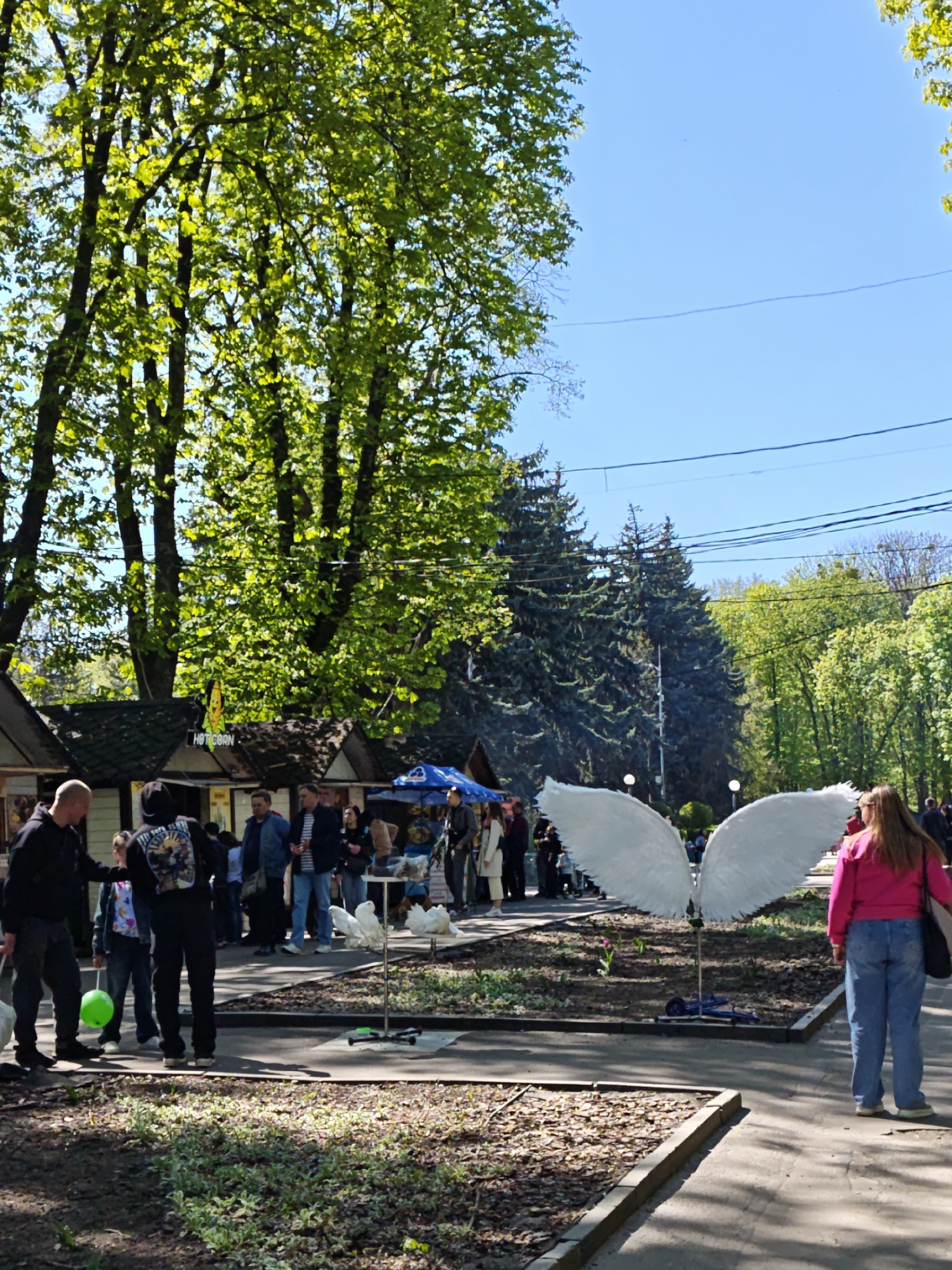 The image depicts a sunny day at what appears to be a park or public space in Vinnytsia, Ukraine. Several people are present. Near the foreground, a group of three individuals, including a child holding a green balloon, stand on a paved pathway. A man in black is interacting with them. Further in, a crowd of people is gathered near market stalls under the shade of large trees with green leaves. To the right, a woman in a pink shirt and blue jeans stands on the path. Between the two groups of people, a set of artificial white angel wings is mounted on a stand on a patch of soil. Tall evergreen trees are visible in the background, along with a clear blue sky. Overhead power lines are present above the trees.