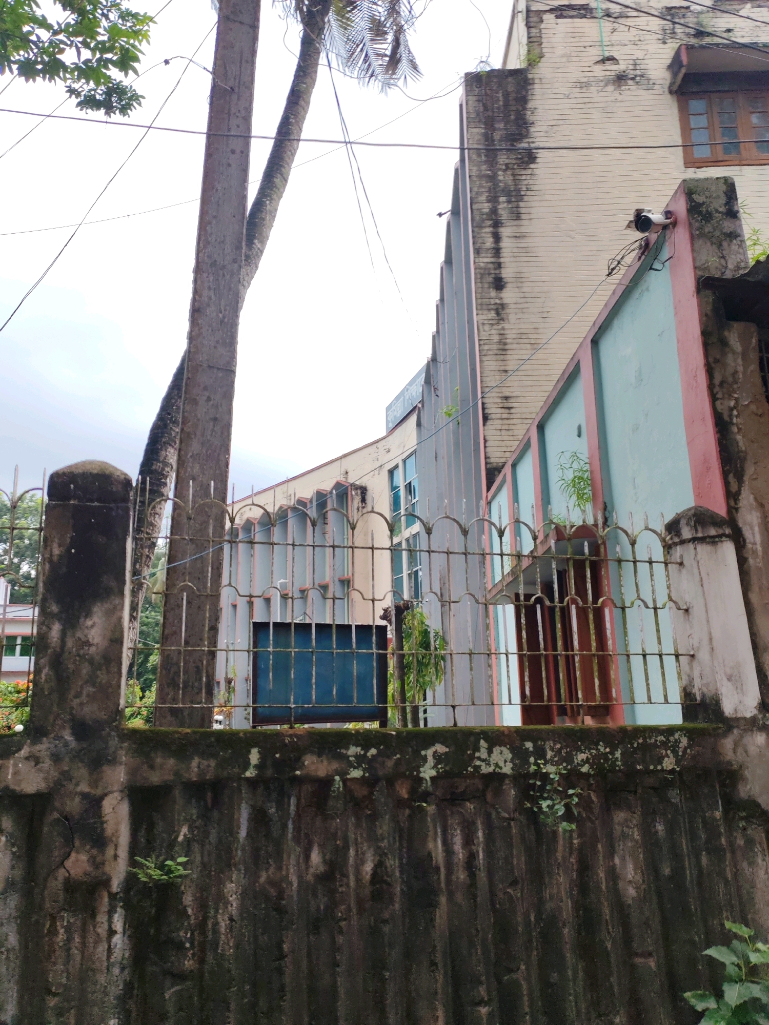 The image shows the exterior of a building in Cumilla, Bangladesh. The building has a light-colored facade with vertical architectural elements and a light blue and pink painted section. There is a security camera mounted on the painted section of the wall. In the foreground, a weathered concrete wall with moss and a metal fence are visible. A tree trunk and branches with leaves are also present, along with some overhanging power lines. The sky is overcast.