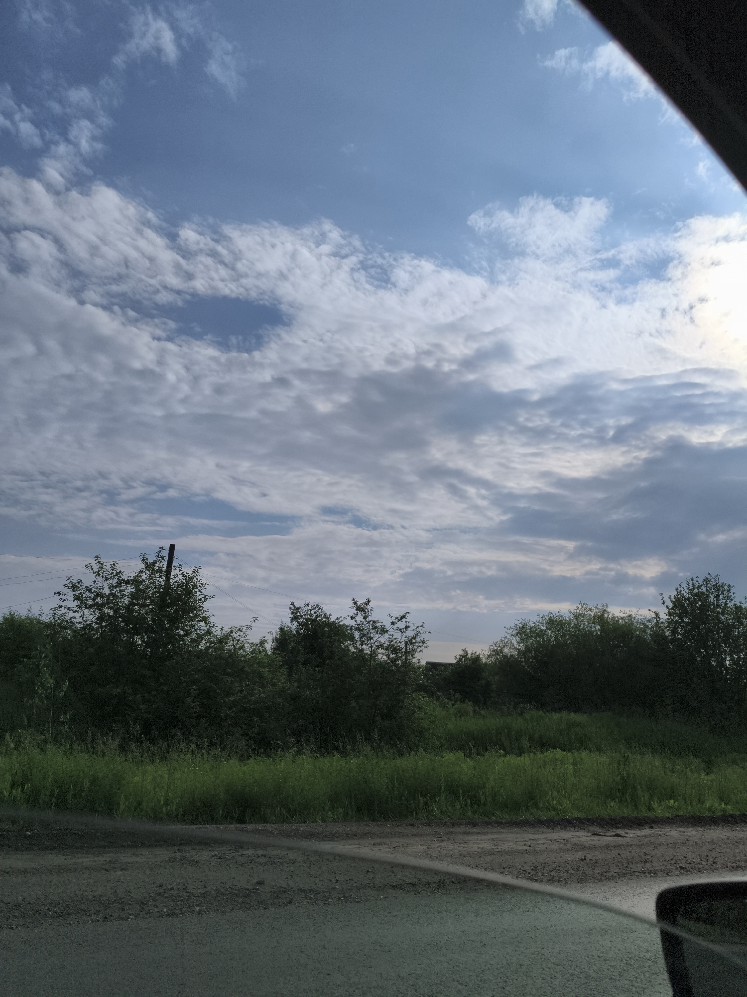 The image depicts an outdoor scene at a low elevation, likely a roadside with a dirt path or unpaved road in the foreground. To the left, a portion of a vehicle's interior is visible, specifically the top edge of the windshield and part of the side mirror, suggesting the photo was taken from inside a vehicle. The middle ground is dominated by a lush green grassy field bordering a dense line of dark green trees and bushes. A single dark pole with wires stretches across the top of the treeline, indicating the presence of overhead utility lines. The background is filled with a vast sky characterized by scattered white and gray clouds against a pale blue sky. The lighting suggests it is either early morning or late afternoon, with diffused sunlight. There are no people or animals visible in the image, nor any discernible urban structures. The scene appears to be in a rural or semi-rural setting outside of Plamya, Russia.
