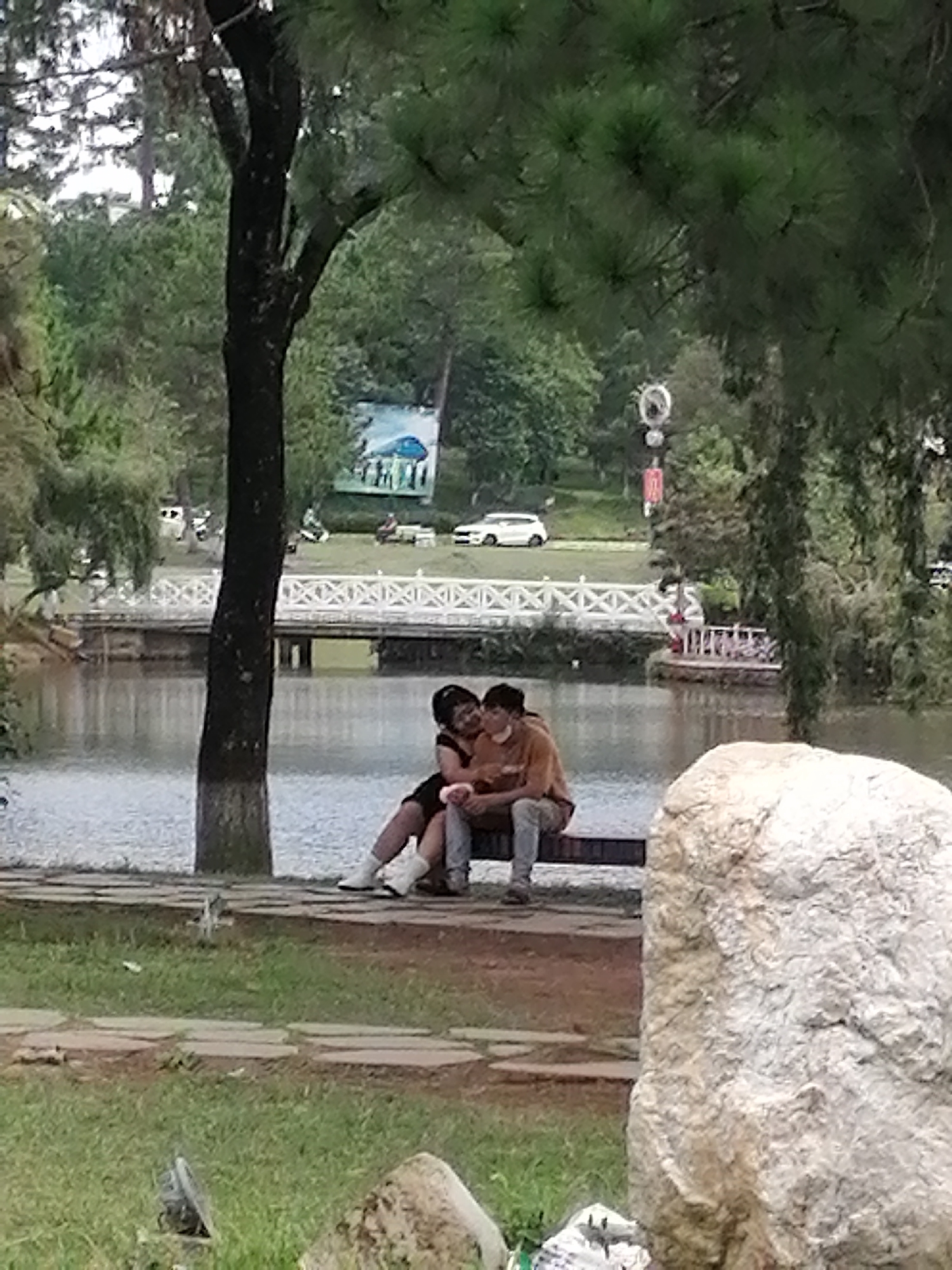 In Da Lat, Vietnam, two individuals are seated on a dark wooden bench by a body of water. The person on the left, with dark hair pulled back, wears a black dress and white shoes. Their arm is around the other person. The person on the right, also with dark hair, is dressed in a light brown long-sleeved shirt and grey pants, with their arm around the first person. They appear to be a couple, engaged in an intimate interaction.
Behind them, a white decorative bridge with intricate latticework spans the water, leading to a grassy area with trees and a few white tables and chairs. Further in the background, a white car is visible. A tall, dark tree trunk stands prominently in the foreground, partially obscuring the view of the couple and the bridge. A large, light-colored boulder is situated to the right of the frame, in front of the couple and the bench. The environment suggests a park or a scenic recreational area, likely within Da Lat, a city known for its natural beauty and European-inspired architecture. The water appears calm, reflecting the overcast sky, and the overall atmosphere is serene.