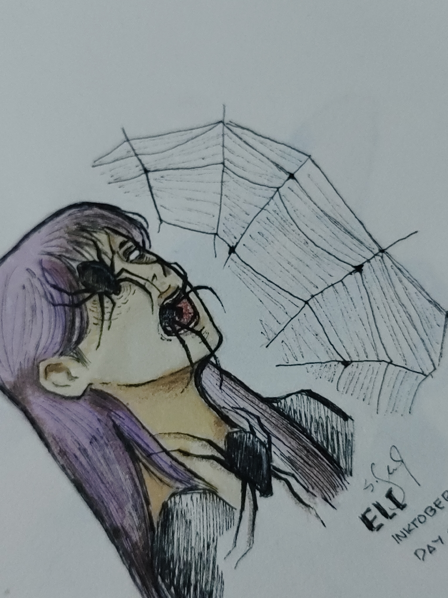 An artistic rendering, composed primarily of pen and ink with watercolor accents, depicts a stylized human head and upper torso oriented diagonally on a white background. The subject, positioned with their right profile facing the viewer, exhibits long purple hair and light-toned skin. Their mouth is agape, revealing a dark interior with a reddish hue, from which thin, black, arachnid-like legs protrude. A prominent black spider is situated on the subject's face, covering the area around the left eye and extending onto the temple and cheek. The subject's expression suggests distress, with visible forehead furrows. A partial spiderweb, composed of black lines, is visible in the upper right quadrant, behind the subject's head. The lower right corner contains handwritten text: "s.E.G", "ELI", "INKTOBER", and "DAY". The scene takes place in the city of Unknown, Unknown.