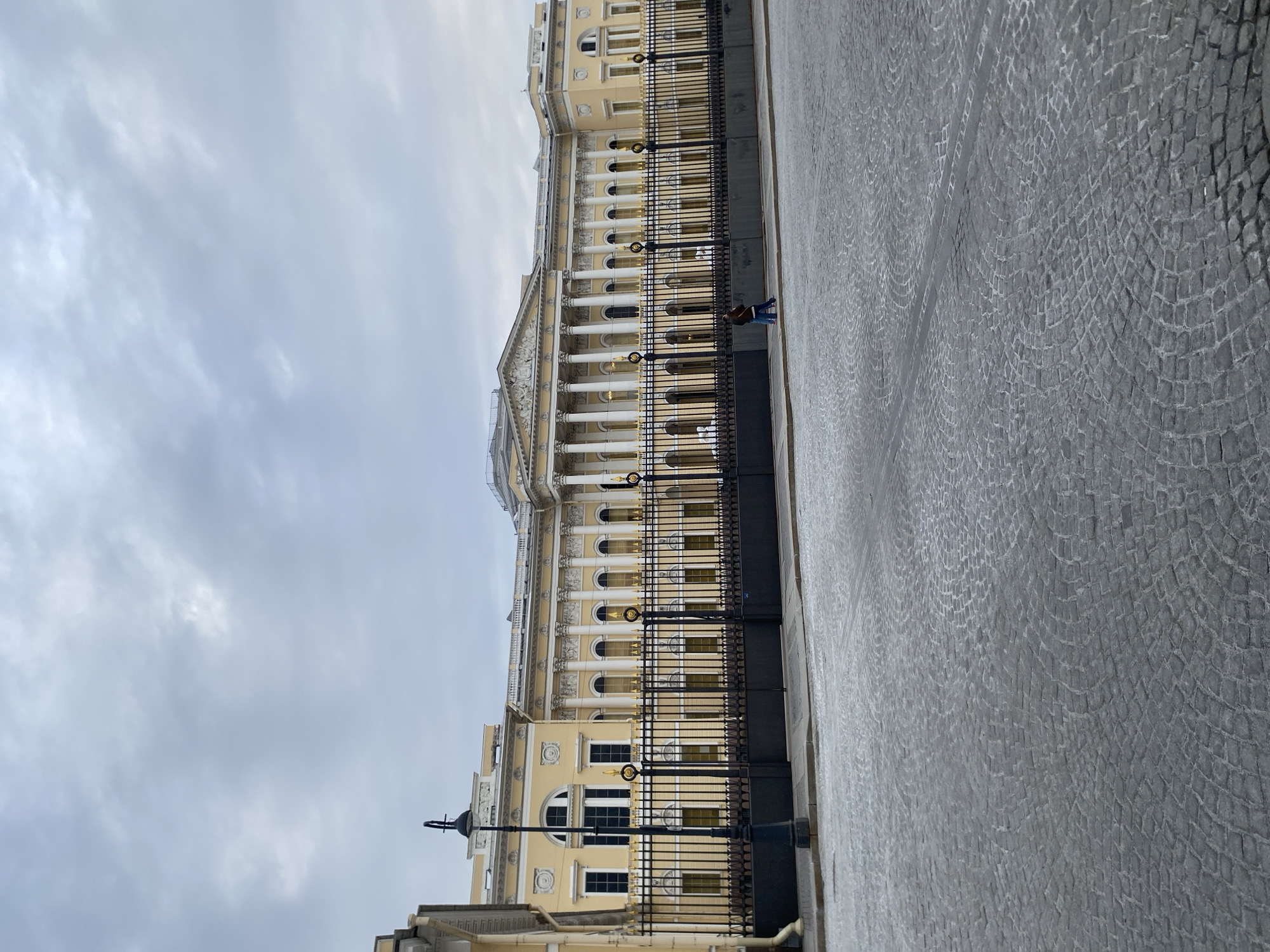 The image shows the facade of the Mikhailovsky Palace in Saint Petersburg, Russia. The building is a pale yellow color and features classical architectural elements, including columns and arched windows. A black metal fence runs along the front of the palace. The ground is paved with cobblestones. A person is walking in front of the fence. The sky is overcast and cloudy.