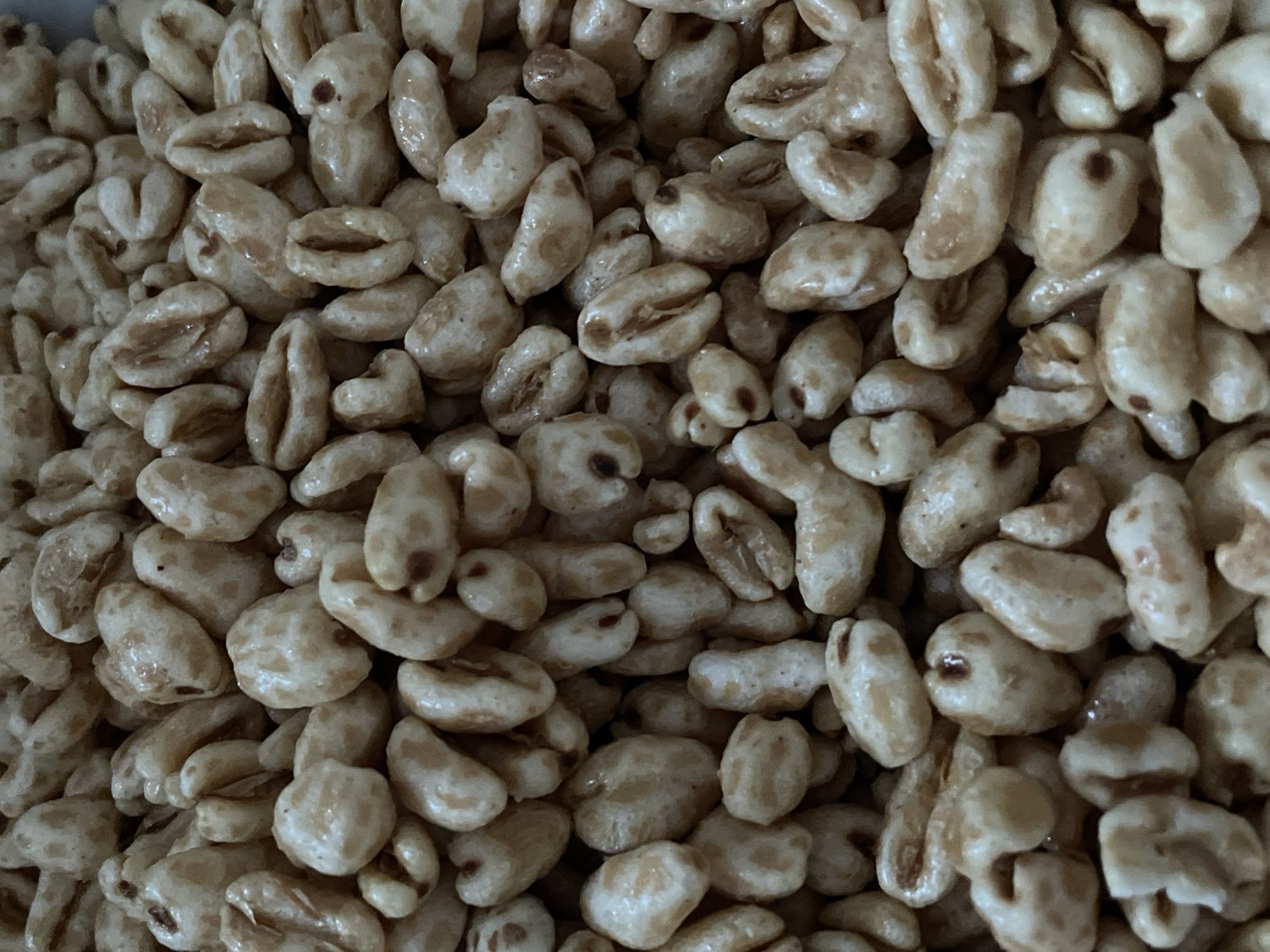 A close-up, top-down view of puffed wheat cereal. The cereal pieces are light brown and white, with a slightly shiny coating. They are irregularly shaped and vary in size, with some appearing hollow and others more solid. The pieces are tightly packed together, filling the entire frame of the image. There are no people or any discernible background elements. The image appears to be a photograph taken indoors, possibly in a kitchen, and is not related to the city of Nidda, Germany.