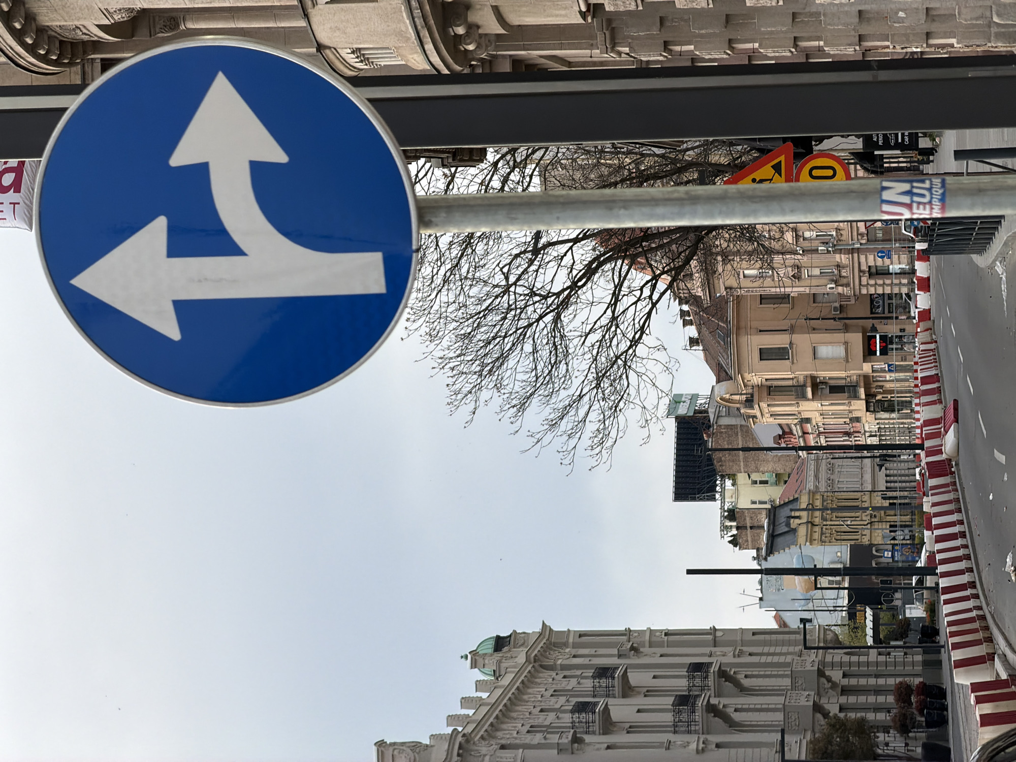 The image shows a street scene in Belgrade, Serbia. A blue circular road sign with a white arrow pointing straight and another pointing left is in the foreground. Behind the sign is a street with buildings on both sides, a bare tree, and red and white road barriers. The sky is overcast. There are several road signs visible. The buildings are a mix of architectural styles. A flag is displayed on the light pole. The road appears to be empty, or with very few cars on it.