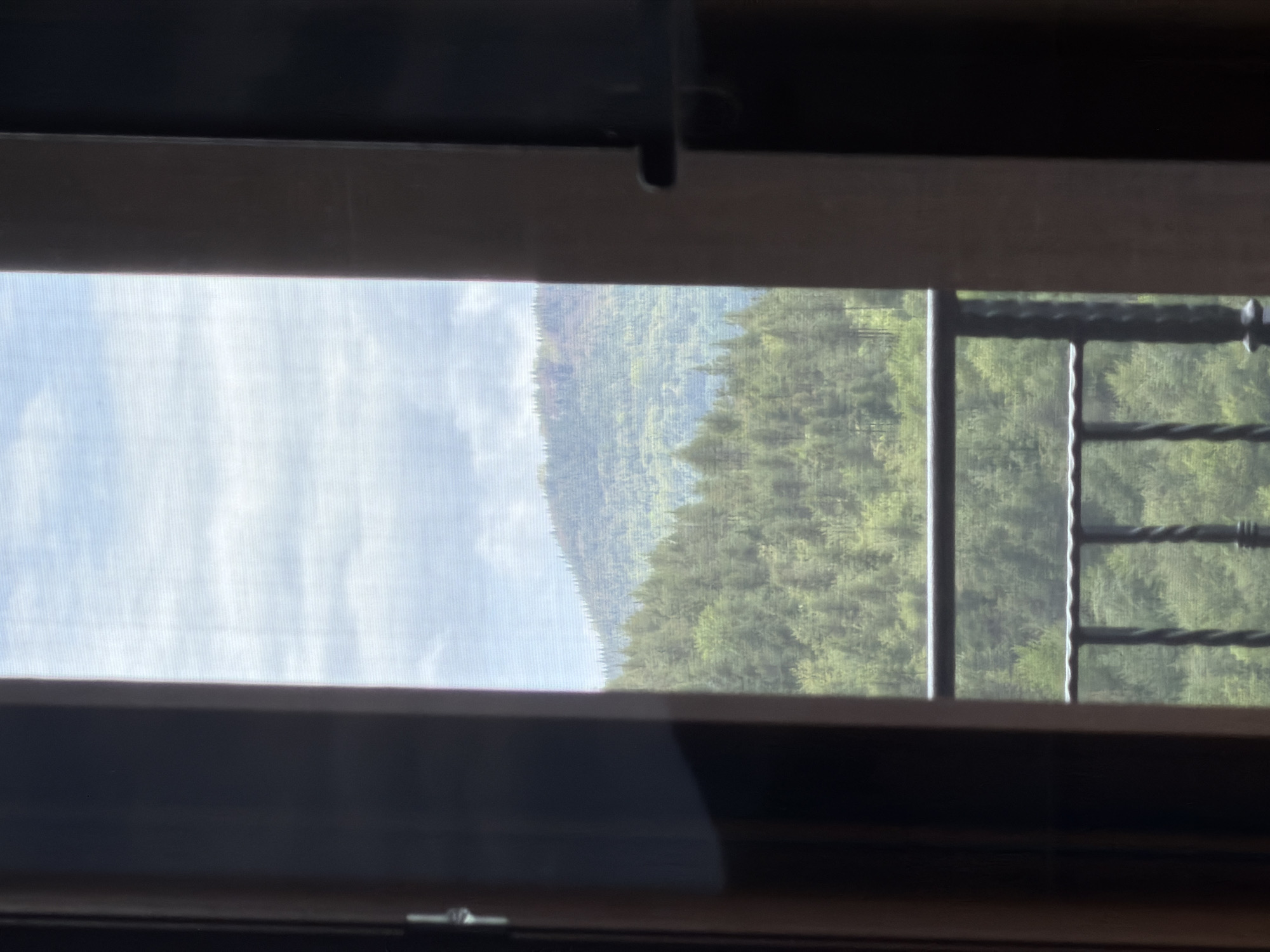 The image depicts an outdoor scene viewed through a window with a screen. Outside, there is a view of trees and a sky with clouds. A metal railing is also visible, partially obstructing the view of the trees. The location, Кирково, Bulgaria, cannot be confirmed solely from the image.