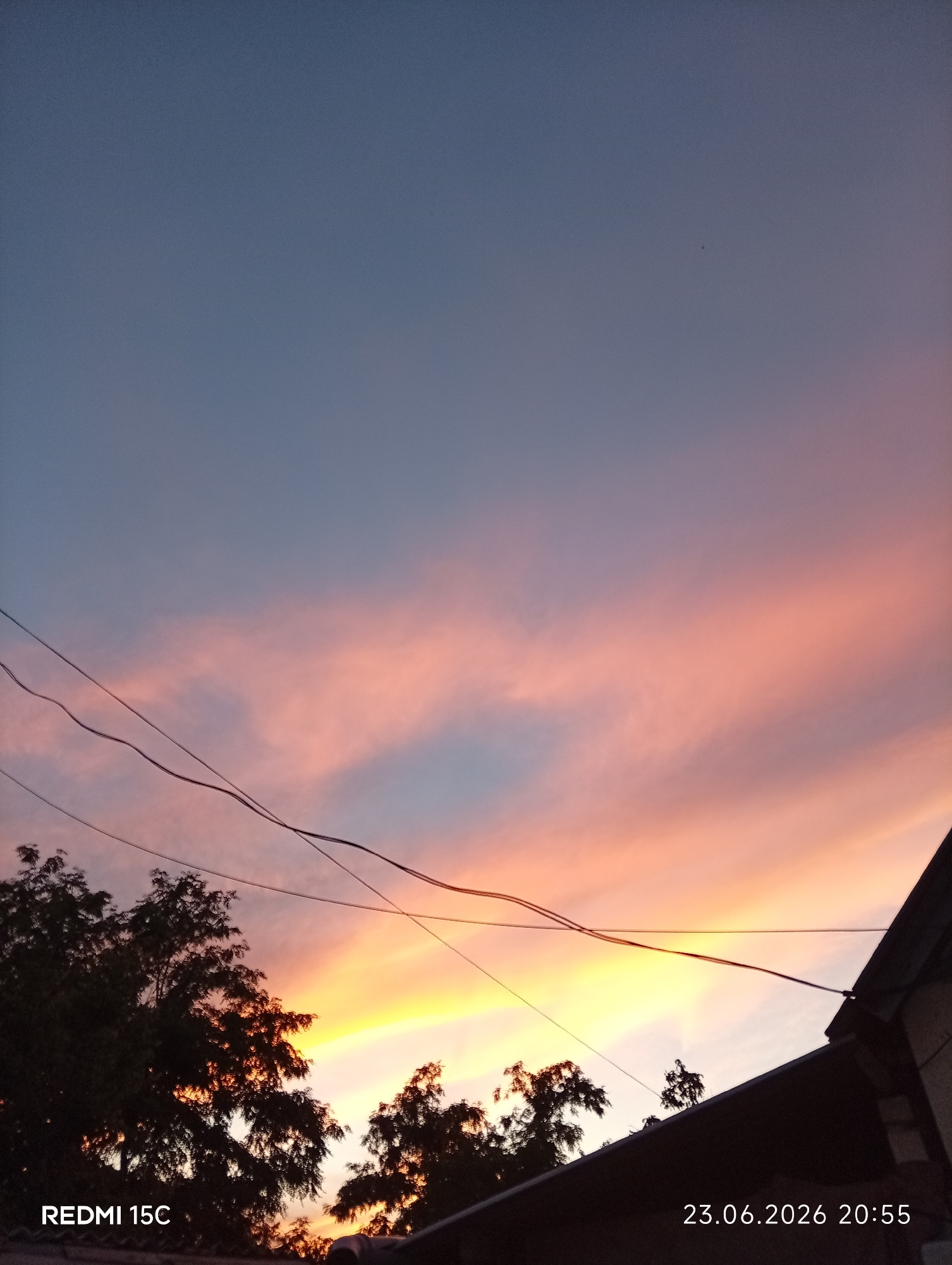 This is a vertical, low-angle, outdoor shot of a sunset. The sky is a gradient of colors, starting with a deep blue at the top, transitioning to soft pinks and oranges, and ending with a bright yellow glow at the horizon. Wispy clouds are scattered across the sky, catching the sunset colors. Silhouetted against the vibrant sky are the dark tops of several trees and the roofline of a building. Several black electrical wires stretch across the middle ground of the image.
The image appears to have been taken in the evening, during sunset. The overall mood is peaceful and serene, with the warm colors of the sky creating a sense of beauty and calm. There are no people visible in the image.
Visible text in the image includes "REDMI 15C" in the bottom left corner and "23.06.2026 20:55" in the bottom right corner. This indicates the device used to take the photo and the date and time it was captured. The location context suggests the photo was taken in Mykolaivka, Ukraine.