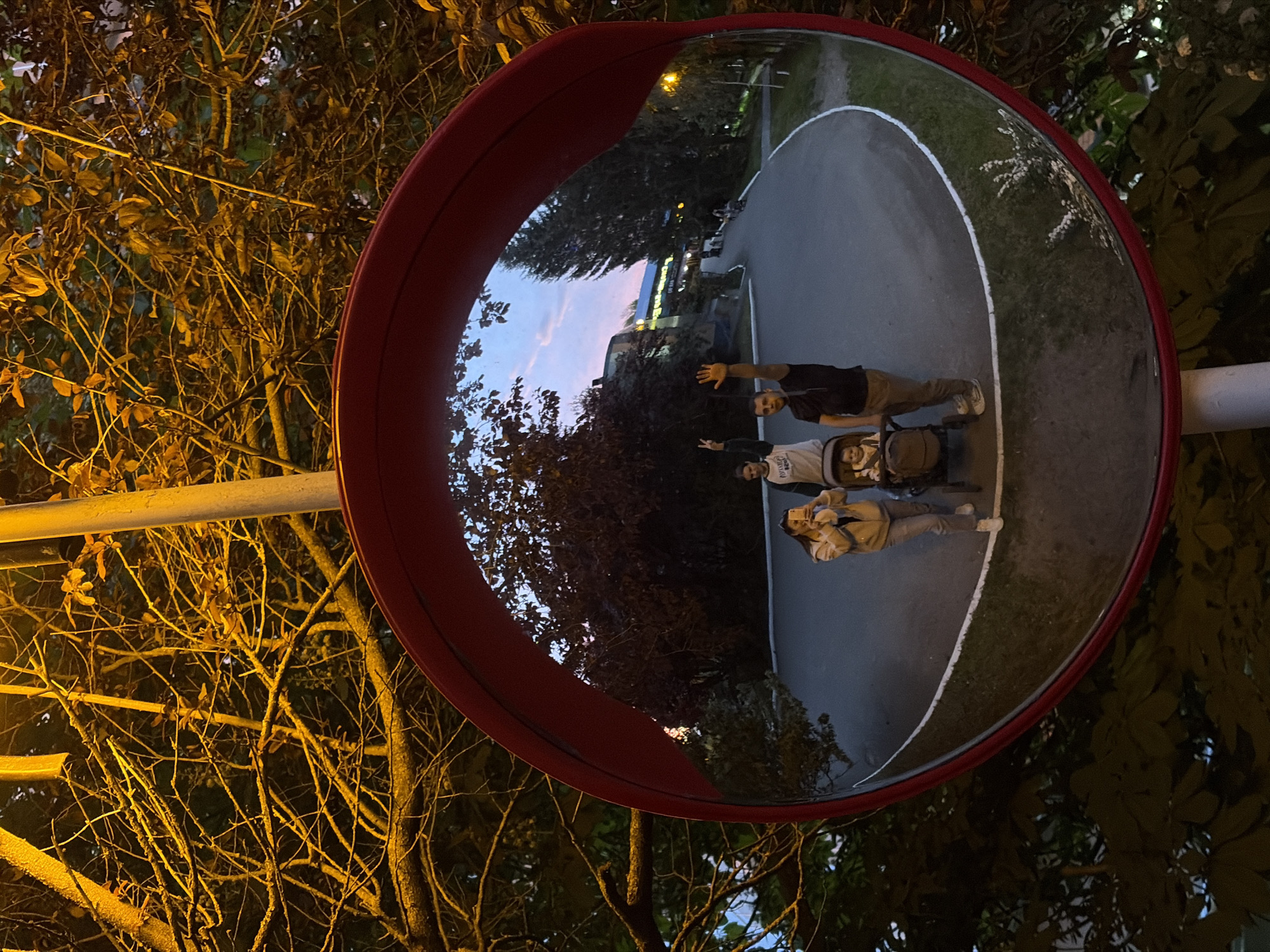 Captured in Goryachiy Klyuch, Russia, the image features a convex mirror reflecting a family—a man with an outstretched hand, another man making a V-sign, and a woman holding a phone, with a stroller between them—on a paved walkway. The mirror, framed in red, is attached to a metal pole and positioned amidst branches of trees. The sky behind the reflected figures hints at dusk. A street lamp illuminates the foliage on the left side of the frame.