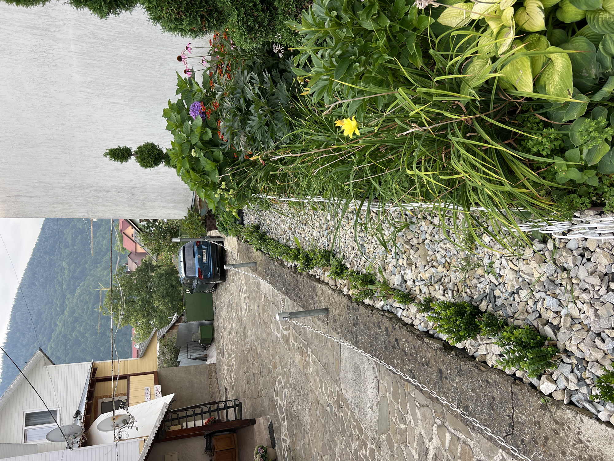 This image depicts a cobblestone pathway alongside a meticulously landscaped garden. In the background, a teal SUV is parked on the pathway, with buildings and lush green mountains visible behind it, characteristic of the city of Yaremche, Ukraine. The garden features a variety of plants, including vibrant green foliage, flowering plants in shades of purple and orange, and a bright yellow flower prominently displayed. A small white fence encloses a section of the garden. Along the edge of the pathway, a border of small green bushes is planted in a bed of gray and white gravel, separated by a concrete curb. The scene appears to be an outdoor residential or a commercial property, possibly a guesthouse, given the architecture and the presence of a vehicle.
