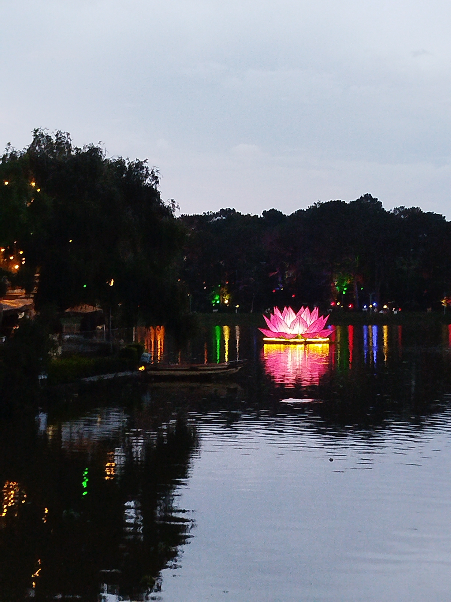 The image captures a serene nighttime scene on Xuan Huong Lake in Da Lat, Vietnam. A large, illuminated pink lotus flower floats prominently on the lake's surface. Reflections of the flower and other colored lights from the surrounding shore are visible in the water. Trees line the lake shore, and boats are docked nearby. The sky is overcast.