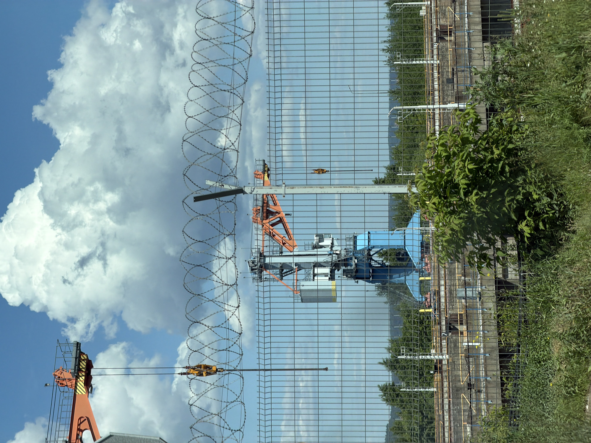 The image displays an industrial scene under a bright blue sky filled with large, white cumulus clouds. In the foreground, a tall, grey metal mesh fence spans the width of the frame, topped with coiled razor wire (concertina wire) running horizontally across the upper third. At the very bottom, dense green grass and various green bushes and shrubs are visible, partially obscuring the lower section of the fence.
Through the fence, several industrial elements are visible. On the upper left, the orange boom of a large crane extends into the frame, featuring a yellow-and-black striped warning pattern on its underside. A yellow crane hook hangs from a cable or chain extending downwards from this crane. Further back and to the right, a second, larger industrial crane dominates the view. This crane has a prominent blue base and lower structure, with an orange boom extending horizontally. A grey cab structure is visible on its upper part, and another smaller yellow hook hangs from its boom.
Below the cranes, a complex of grey concrete industrial structures is visible, featuring horizontal platforms and vertical supports, some with yellow railings. A dark, recessed opening is discernible within these structures. A line of green deciduous trees forms a distant horizon line behind the industrial complex. The scene is devoid of people. This industrial complex is located in Chaikovsky, Russia, likely depicting a port or cargo handling facility along the Kama River.