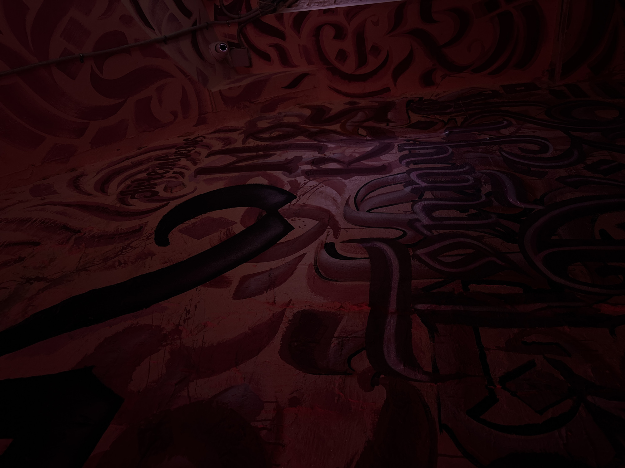 The image depicts a wall with graffiti art, predominantly in shades of dark red and black. The artwork consists of swirling patterns, letter-like forms, and abstract shapes. At the top center, a surveillance camera is visible. The setting appears to be indoors, possibly a tunnel or underpass. The specific location is the city of Perm, Russia.