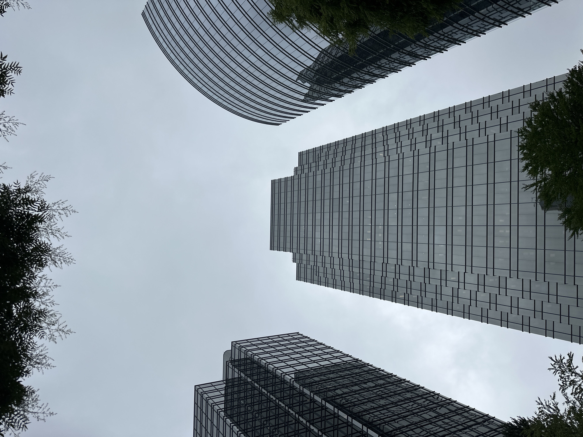 The image shows a low-angle view of three modern skyscrapers in Burnaby, Canada, under a cloudy sky. The building on the left is a tall, rectangular skyscraper with a dark, grid-like facade. The central building is also a skyscraper, characterized by a stepped, tiered design and a facade of glass panels. To the right, a curved skyscraper with a distinctive ribbed glass exterior is visible. The foreground is partially obscured by dark green foliage from trees. The overall impression is one of urban architecture and scale.