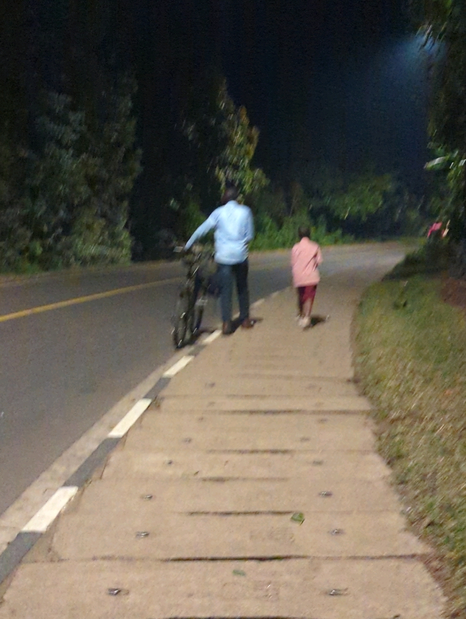 The image captures a dimly lit outdoor scene, likely at night, featuring a paved walkway adjacent to a road. Two individuals are present. On the left, a person wearing a light blue long-sleeved shirt and dark pants is standing with a bicycle next to them. The bicycle is dark-colored and positioned on the walkway. Further down the walkway, a second person, possibly a child, is walking away from the camera, wearing a pink long-sleeved top and dark shorts or pants. The environment includes lush green foliage bordering the road and the walkway. The road itself appears to be asphalt, marked with a solid yellow line. The lighting suggests artificial illumination, with a faint glow in the upper right portion of the sky. The overall impression is of a quiet, possibly residential or park-like area. Without additional information, the specific location within Musanze District cannot be definitively identified.