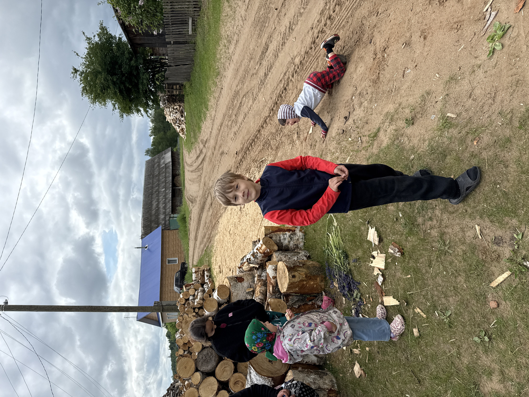 This image depicts a rural scene in Уральское, Russia, under an overcast sky with predominantly grey clouds, though a small patch of blue sky is visible in the upper right. The foreground and midground feature a group of four individuals and large quantities of processed wood. On the left side of the frame, a tall wooden utility pole extends vertically, with multiple power lines crisscrossing the upper portion of the image. Adjacent to the pole and extending leftwards are several large stacks of cut logs, mostly birch, indicative of recent wood processing or storage for firewood. Four individuals are present. In the center-foreground, a boy approximately 8-10 years old stands, facing slightly left of the viewer, with a neutral expression. He wears a navy blue and red zip-up jacket with black pants and grey sandals. His hands are clasped in front of him. To his left, in the midground, a girl approximately 12-14 years old stands among the logs, wearing a black fleece jacket and dark pants, looking downwards. Beside her, a younger girl, approximately 4-6 years old, is dressed in a patterned green headscarf, a light-colored hooded jacket with animal motifs, blue jeans, and patterned clogs. She also looks downwards, standing near a bundle of long-stemmed purple flowers or herbs lying on the grass. A partial view of a fifth person's lower leg and clothing is visible on the far left edge of the image. To the right of the central figures, a wide, unpaved dirt road with visible tire tracks traverses the scene. On this road, a young boy, approximately 3-5 years old, is on his hands and knees, facing left. He is wearing a grey hooded top with striped patterns on the hood, a grey long-sleeved shirt, red and black plaid pants, and black and orange sneakers. His mouth is open, suggesting a shout or cry. The ground consists of a mixture of grass, bare earth, and sections of the dirt road, with wood chips and small pieces of wood scattered in various areas. In the background, on the far side of the dirt road, several wooden structures are visible. A light-brown wooden house with a distinct bright blue metal roof and white-framed windows is prominent in the mid-distance. A black SUV is parked behind this house. To the right of the blue-roofed house, an older, darker wooden structure with a grey corrugated roof is present. A