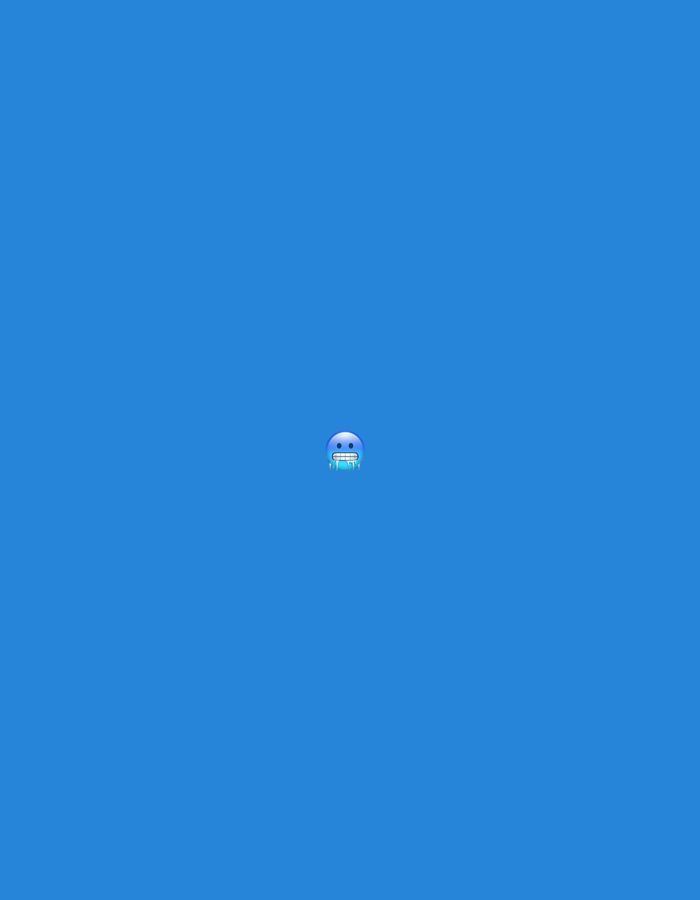 This media file features a single blue emoji with a shivering or freezing expression, rendered in a 3D style. The emoji is centrally located against a solid, vibrant blue background. The emoji's mouth is open, revealing white, jagged teeth or ice crystals, and its eyes are wide. Droplets or icicles are depicted hanging from its mouth, further emphasizing the coldness. The overall impression is that of extreme cold or shivering. No text is visible in the image. The setting is abstract, with no discernible environmental details. The time of day, weather, and specific location are not indicated. The emotion conveyed is one of discomfort due to cold.