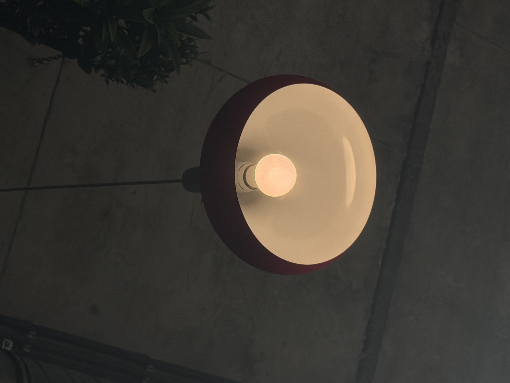 A lamp with a red rim is suspended from the ceiling. The lamp has a white interior and a lit bulb. The background appears to be a dim, textured wall with some plant foliage visible in the upper left corner. The environment is dark and suggests an indoor setting. The location in the city of Podgorica, Montenegro is unknown from the image.