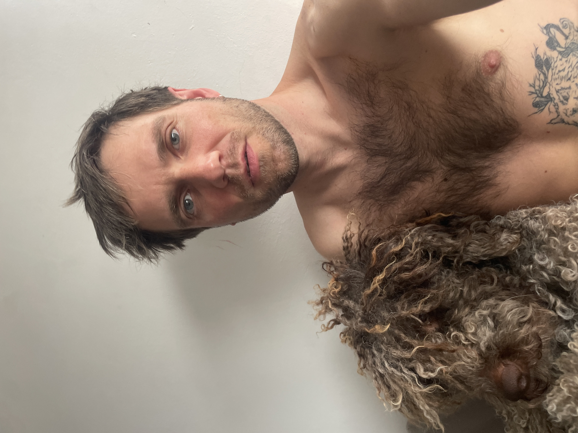 A selfie shows a shirtless man with brown hair and a trimmed beard, with light eyes. He looks directly at the camera with a slightly questioning expression. He is positioned at an angle against a white wall, with a tattoo visible on his left side chest. Next to him on the right side is a brown, curly-haired dog.
There is no evidence to suggest that the image was taken in Budva, Montenegro.