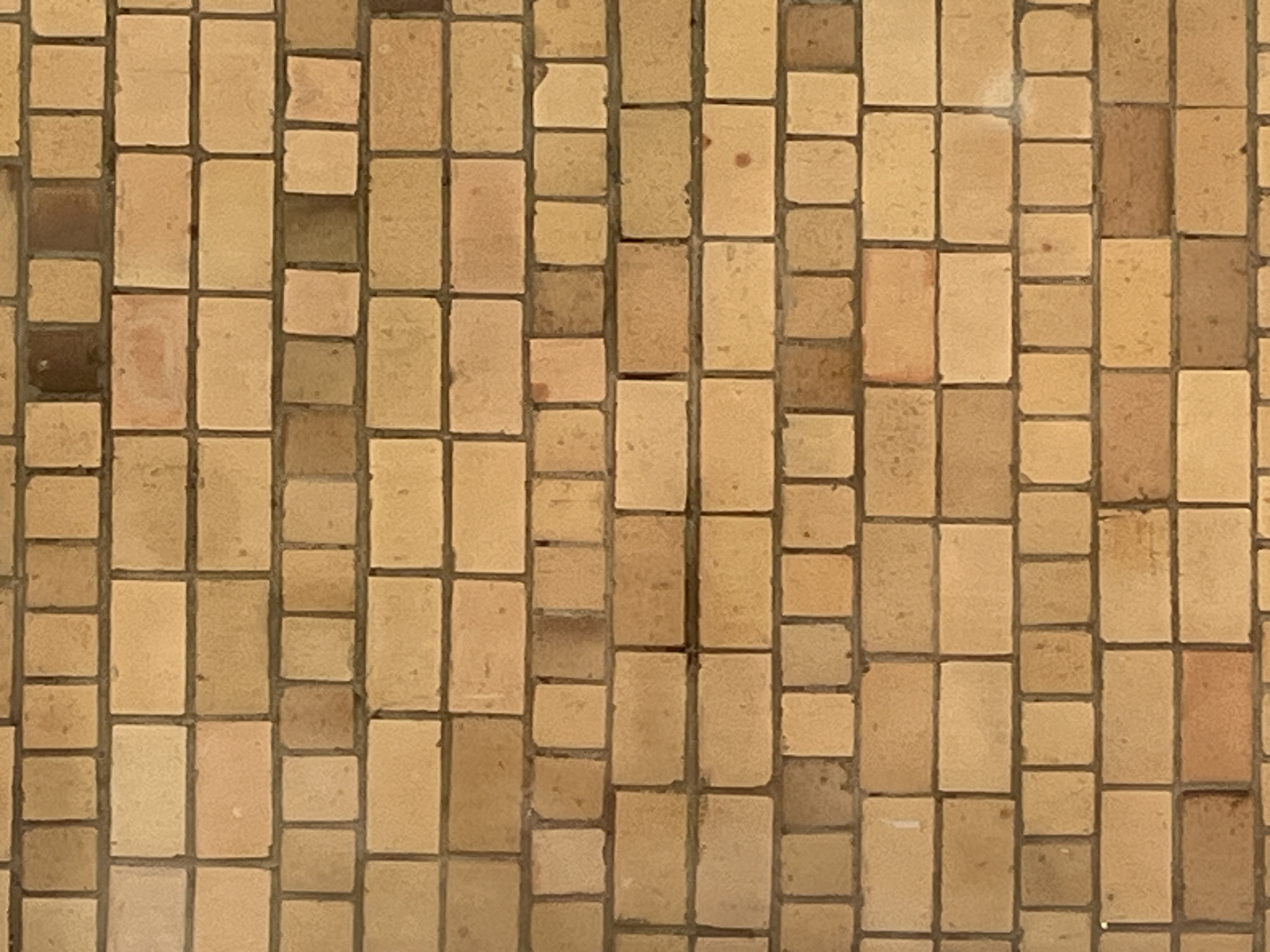 The image presents a close-up, full-frame view of a tiled surface, possibly a wall or floor, composed of numerous small, irregularly sized tiles. Most tiles are rectangular and oriented vertically, while smaller square tiles are interspersed, creating a varied mosaic-like pattern.
The tiles display a diverse palette of earthy tones, predominantly light beige and cream, with variations extending to shades of brown, muted orange, and gray. This color variation contributes to an aged or natural aesthetic. Dark gray grout lines define the boundaries of each tile, forming a clear, yet somewhat irregular, grid.
Notable details include the individual characteristics of the tiles; some show minor imperfections such as slight chips, darker discolorations, or small spots, indicative of wear, age, or natural material variations. The surface appears to have a matte or slightly textured finish, not glossy. The lighting is even and diffused, without harsh shadows, illuminating the subtle shifts in color and texture across the surface. There are no people, objects beyond the tiles, or visible text. No specific activity or event is taking place, as the image captures a static architectural detail.