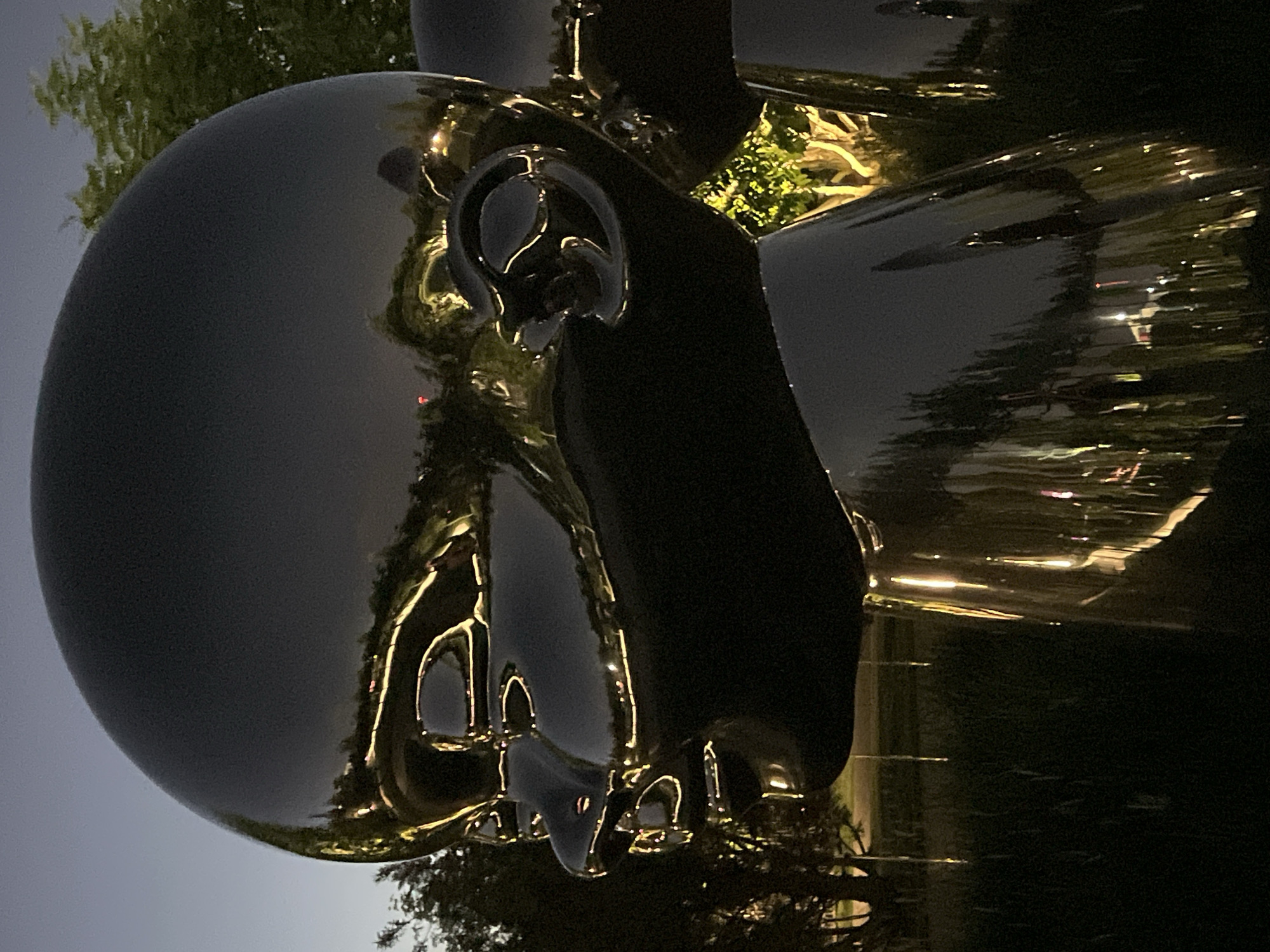 The media file displays a large, dark, highly reflective sculpture of a stylized human head and upper torso, photographed at twilight or night. The sculpture, likely made of polished dark metal such as bronze or steel, has a mirror-like finish that prominently reflects its surroundings.
The head is smooth and rounded, featuring abstract facial elements including hollowed-out eye sockets, a defined nose, and a distinct mouth area. An intricately detailed ear is visible on the left side of the head. The upper shoulders and chest are also part of the sculpture, showing the same glossy, reflective surface.
The reflections are a dominant element, showing distorted images of vibrant green foliage from nearby trees and bright, glowing artificial lights, some appearing yellow or orange, others white. These reflections illuminate the sculpture's dark surface, creating striking contrasts. The sky in the background is a muted, light grey-blue, indicative of twilight.
The setting appears to be an outdoor public space, such as a park or urban landscape, bathed in the dim light of dusk. The sculpture stands as a static subject, presenting a contemplative and artistic presence. There is no visible text or explicit activity taking place within the image.