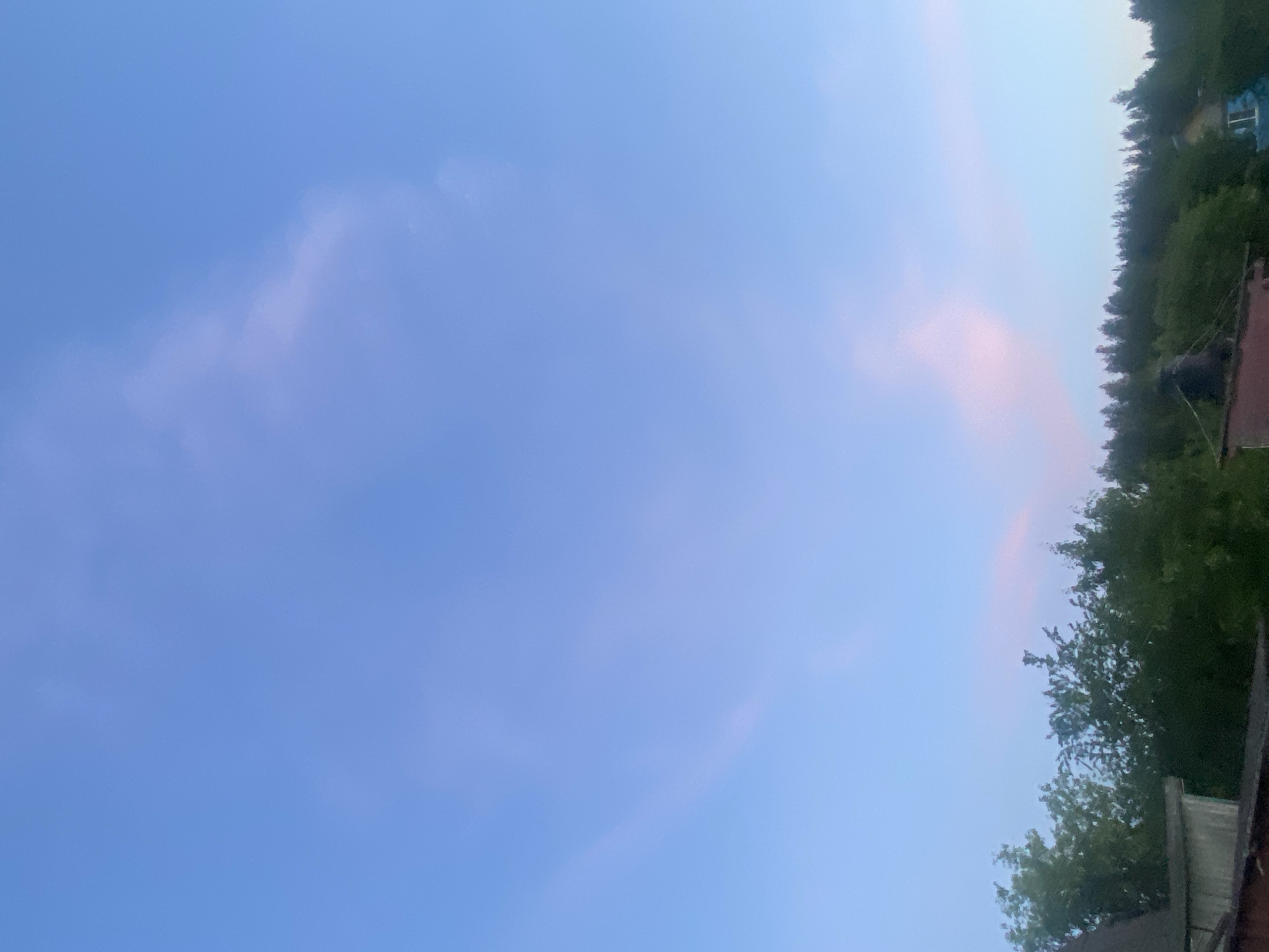 The image captures a twilight sky over Krupki, Belarus, with a predominantly blue hue transitioning to soft pink near the horizon. Wispy clouds are scattered across the sky. In the foreground, a line of lush green trees forms a silhouette against the sky, with the tops of various structures, including what appears to be a house with a blue facade and a red-roofed building, visible beneath the trees. The lower left portion of the image shows a sliver of a building with a dark roof. No people are present in the scene.