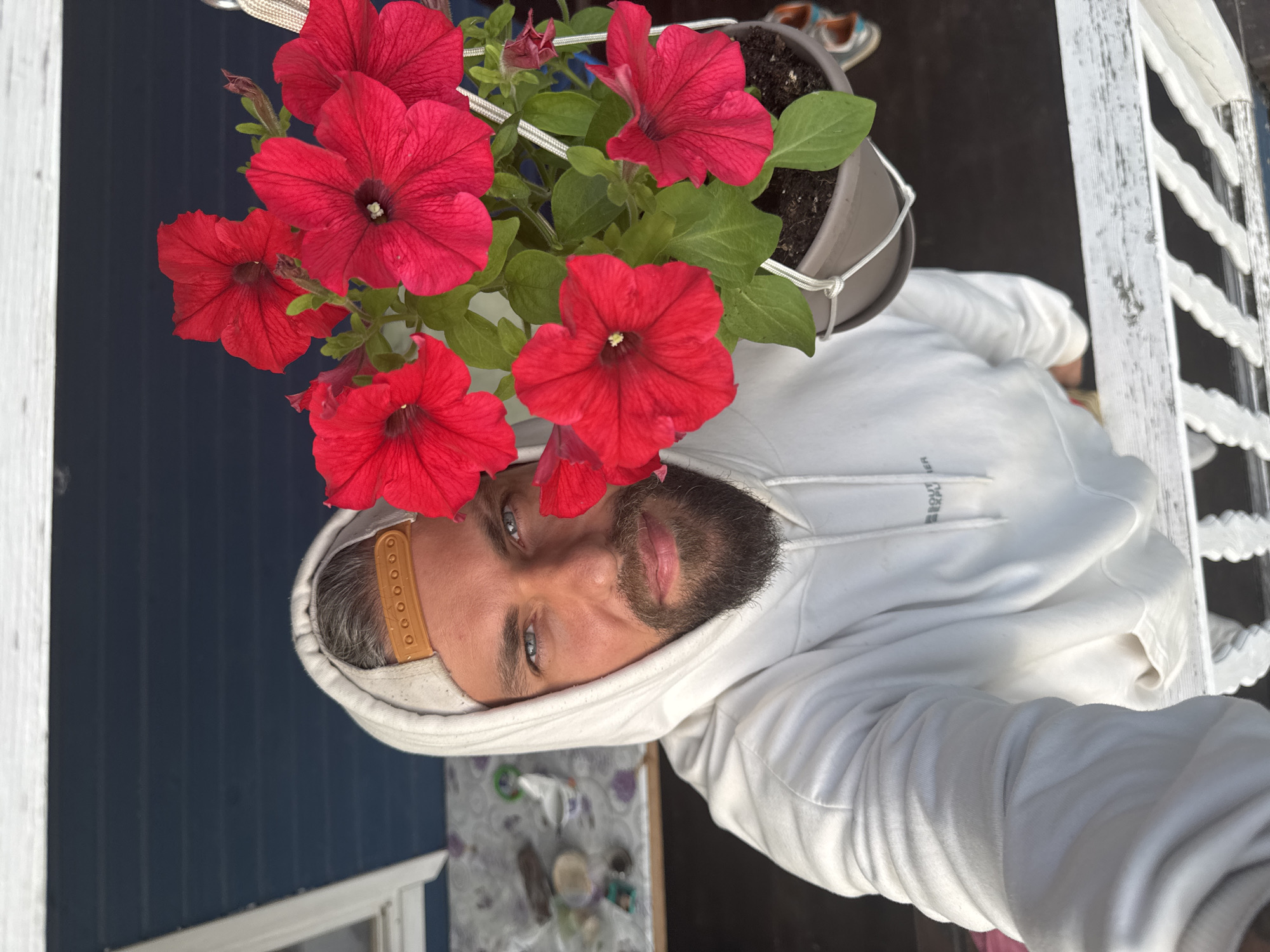 In Kuti, Russia, a man is captured in a close-up selfie, holding a hanging pot of vibrant red petunias. He wears a white hooded sweatshirt and a beige baseball cap. The man's face, with piercing blue eyes and a beard, is partially obscured by the flowers. The background reveals a dark blue wooden exterior wall of a building, with a white railing in the foreground and a glimpse of a table with various items to the left. The lighting suggests it is daytime.