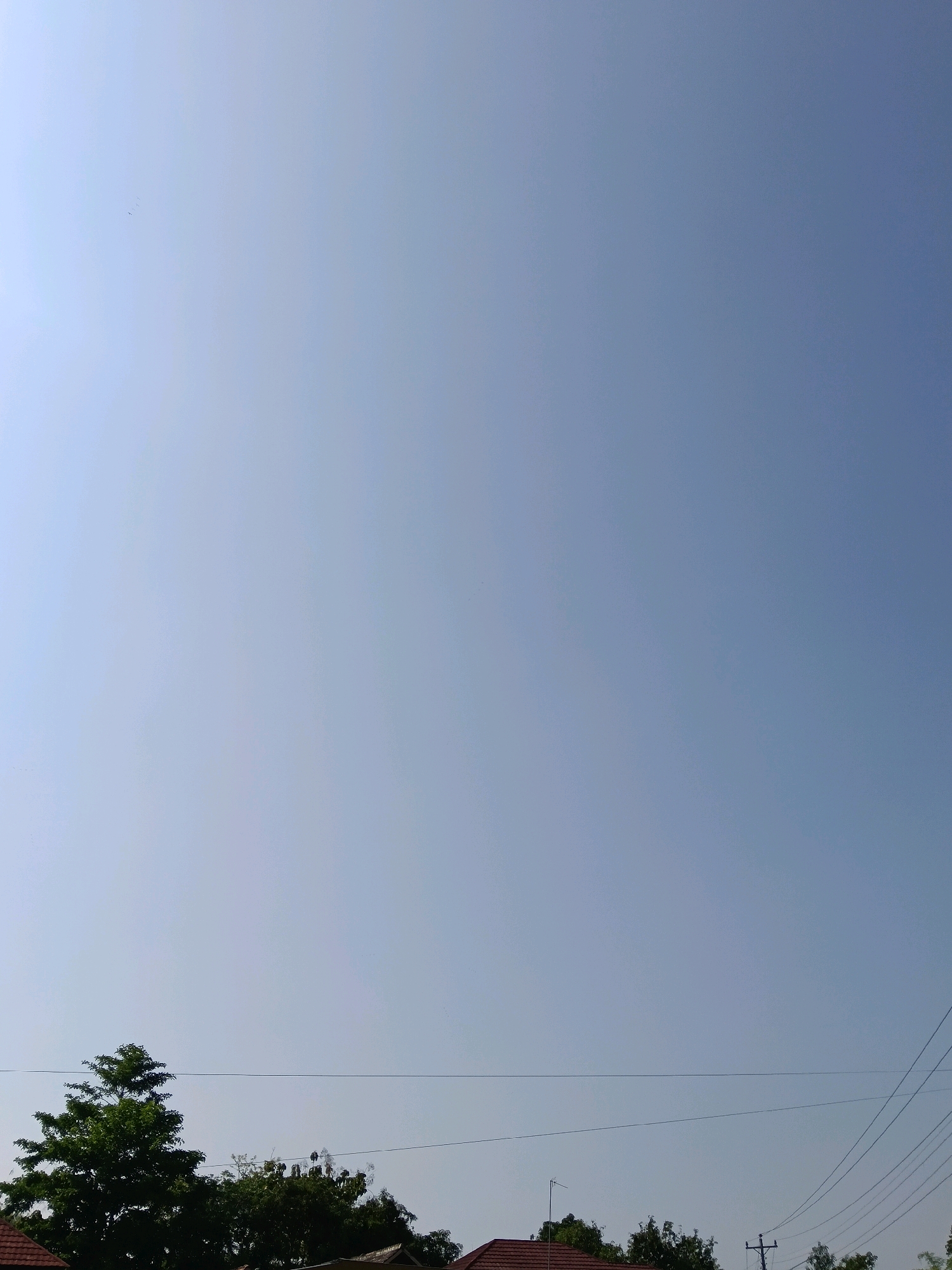 This image shows a clear blue sky above a line of trees and rooftops in Galuk, Indonesia. A single power line runs horizontally across the frame. The sky is a pale blue, with some lighter areas near the horizon. In the upper left portion of the sky, there are a few small, dark specks that could be birds. The trees are a vibrant green, with some darker shadows suggesting dense foliage. The rooftops appear to be made of red tiles. Electrical wires and a utility pole are visible on the right side of the image. The overall scene depicts a bright, daytime view of a residential area under an expansive sky.