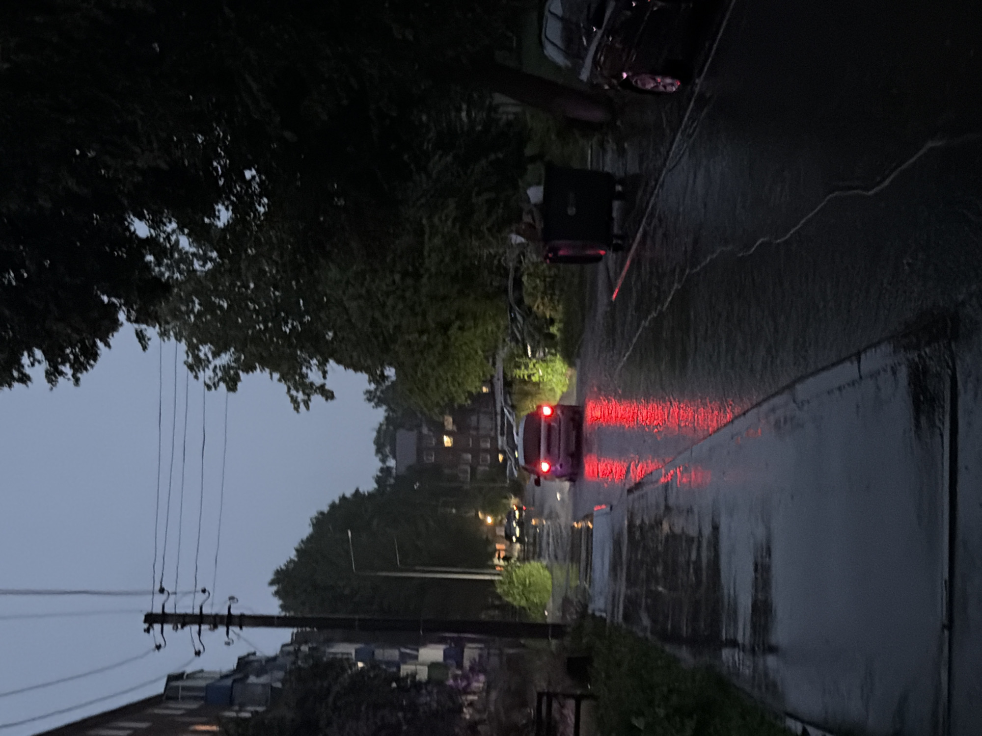 The image depicts a street scene in Chistopol, Russia, during what appears to be either dusk or an overcast day, given the low light conditions. It is raining, as evidenced by the wet road surface and the reflections of car lights on the pavement.
The primary subject is a street with a car driving away from the viewer. The car's brake lights are illuminated and casting red reflections on the wet road. Trees line the sides of the street, some with dense foliage. In the background, buildings are visible, some appearing to be residential, with lights on in the windows. A streetlamp is also present. On the left side of the image, utility poles with electrical wires are a prominent feature, extending upwards towards the sky. A large, dark bin is situated on the right side of the road. The overall mood is somewhat somber, likely due to the weather and the low light. There is no visible text in the image.