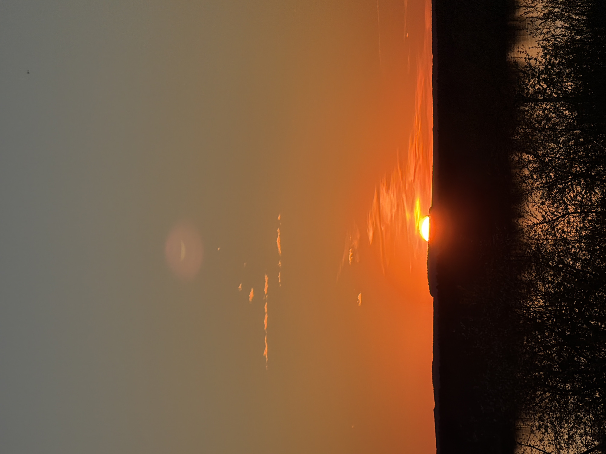 The image captures a sunset in Chaikovsky, Russia. The sun is partially obscured by a dark, silhouetted landmass or structure, likely a hill or building. The sky graduates from a deep orange near the horizon to a pale gray at the top of the frame. There are thin, scattered clouds tinged with orange. To the right, a dark silhouette of trees or foliage is visible. A lens flare is present in the sky.