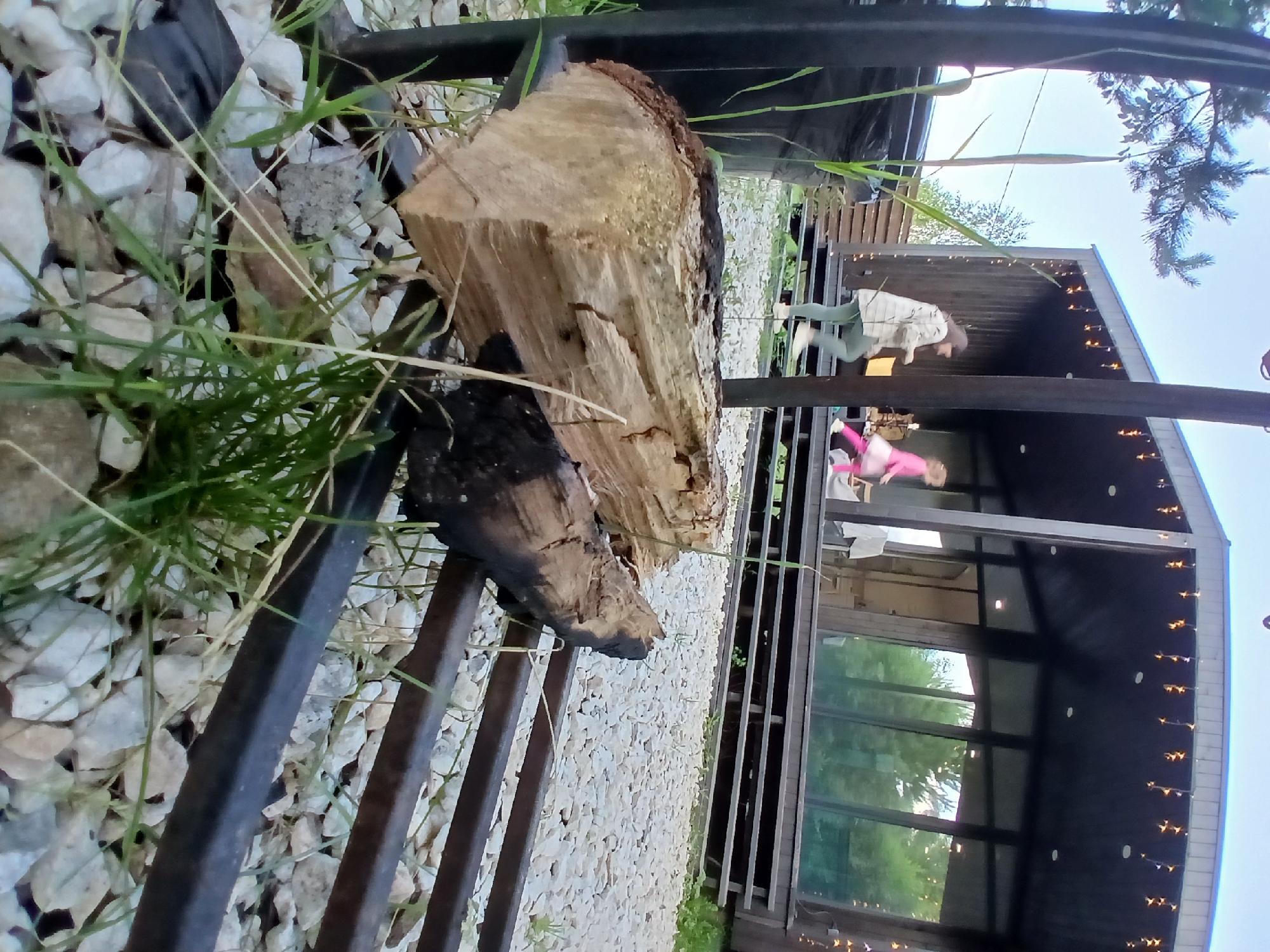 This media file shows an outdoor scene near a modern-style building with large windows and string lights. In the foreground, two logs are resting on a dark metal grate. One log appears to be burnt. Green grass and white gravel are also visible in the foreground.
In the background, a person wearing a light-colored plaid shirt and green pants is walking on a wooden deck or pathway. Further on the deck, a person in a pink outfit is visible. The building behind them has large glass panes reflecting trees and the sky. The string lights are illuminated, suggesting it might be evening or dusk. The sky is clear and light blue, indicating fair weather. The overall setting appears to be a residential or recreational outdoor area in Verkhneye Dubrovo, Russia.