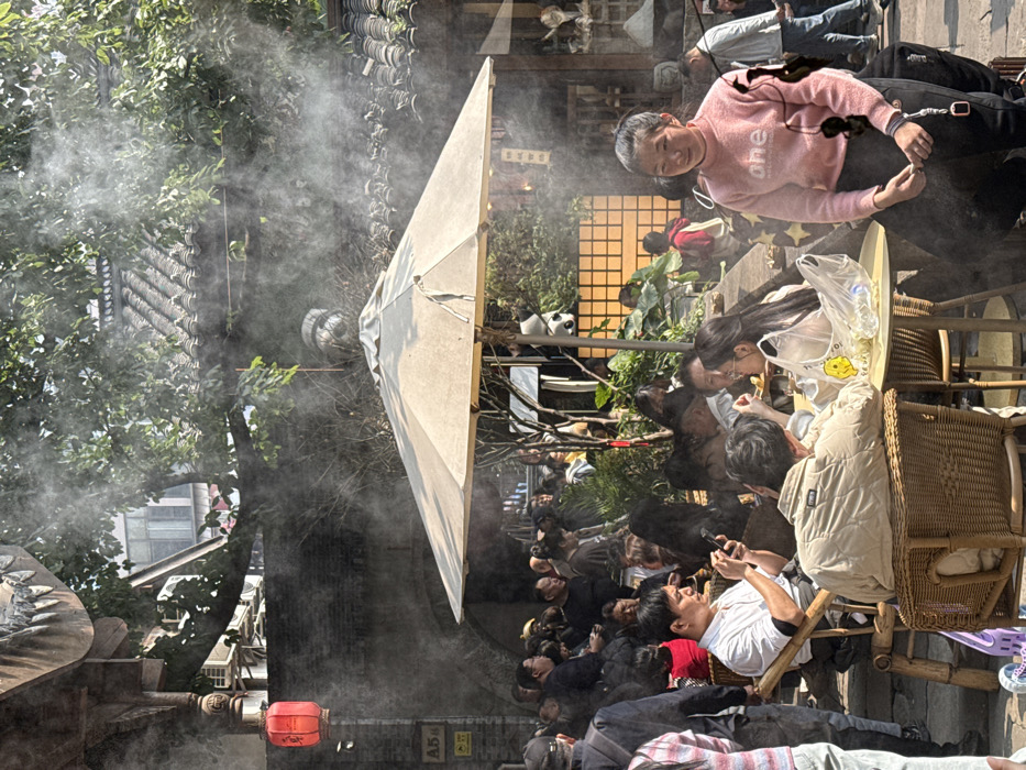 A bustling outdoor scene unfolds with numerous people seated at tables and others standing or lying down. A large, open umbrella provides shade. Vaporous mist fills the upper left, partially obscuring the view of greenery and buildings. People are engaged in eating, using phones, and interacting with each other. A red lantern and decorative panda statues are noticeable details within the crowded setting. The scene captures a vibrant and lively atmosphere.