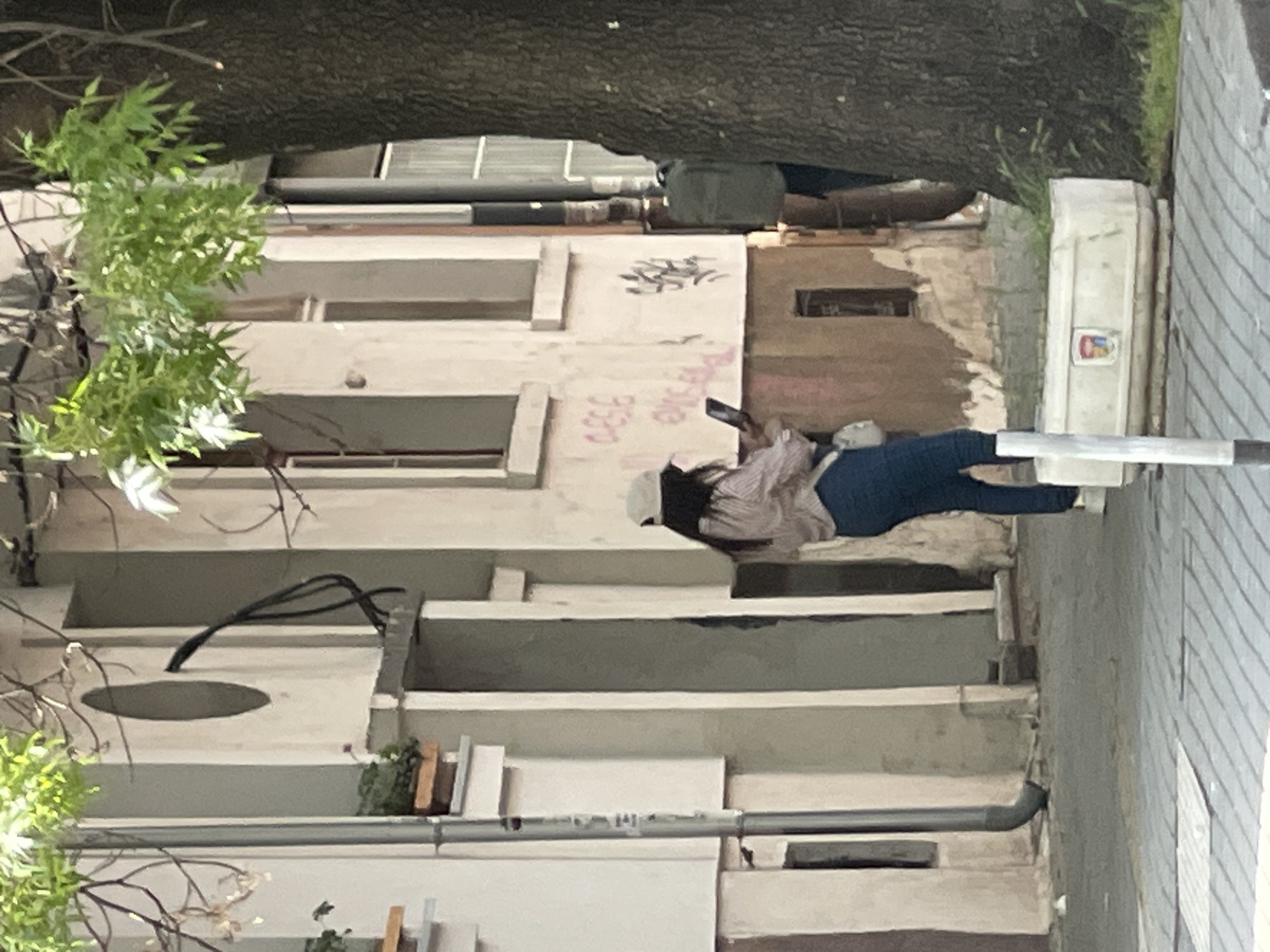 A person wearing a cap, striped shirt, and jeans is standing on a sidewalk in Sofia, Bulgaria, looking at their mobile phone. The scene is set in an urban environment, with a multi-story building to the person's left, featuring balconies and windows. A large tree overhangs the scene. Graffiti is visible on the building's facade. The sidewalk is made of concrete slabs. A streetlight is on the right side of the sidewalk.
