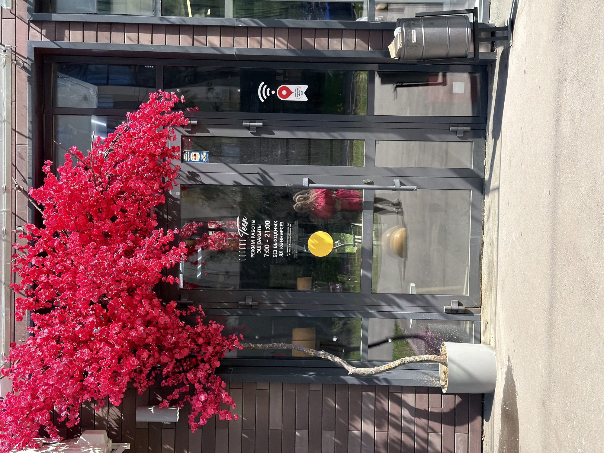 In front of a building with a dark brick facade, a glass door is prominently displayed. Above the door, a large, artificial tree with vibrant red blossoms extends across the facade. A potted plant with a slender, twisted trunk stands to the left of the door. The glass door itself has several stickers: one with a blue background and white text "ЗАСЛОН" and a building icon, another indicating a Wi-Fi hotspot with a red marker and the text "ХАЛЯВНЫЙ WI-FI МЕСТО 2020", and a smaller sticker that is partially obscured. Inside the establishment, a person in a pink garment is visible, taking a photograph with their phone, their reflection captured in the glass. A yellow circular sign is affixed to the door, and further inside, a lamp is visible. To the right of the door, a metal trash can with a lid is situated. The scene takes place on a sunny day, with shadows cast on the pavement in front of the building. The address visible on the door is related to "COFFEE Teen" and indicates opening hours from 7:00 to 21:00, with the note "без выходных". This establishment is located in Kazan, Russia.
