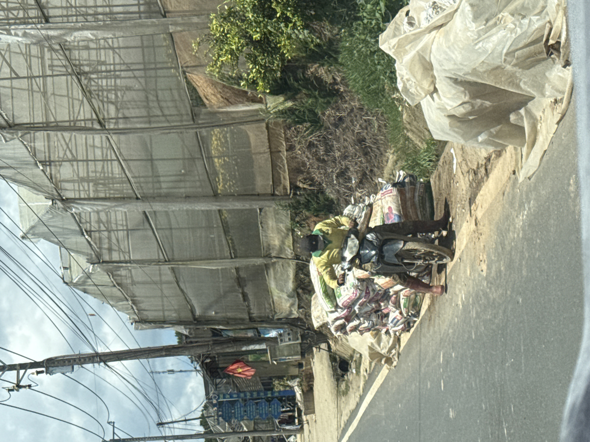 A person wearing a yellow jacket and dark pants is sitting on a motorcycle next to a pile of sacks. The motorcycle is dark colored. The sacks are of various sizes and colors, some appearing to be filled with white or beige material. The person is wearing a dark cap and a green facemask. The scene takes place on the side of a paved road. In the background, there are several large greenhouses with white netting. A utility pole with many wires is also visible. A Vietnamese flag is hanging from a pole on a building. The environment appears to be rural or semi-rural, possibly in the vicinity of agricultural operations.