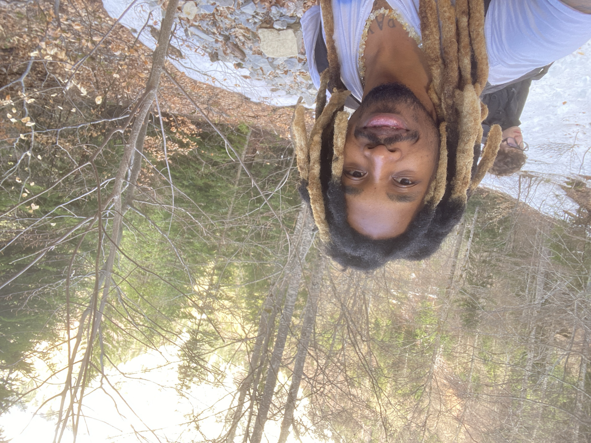 The image is a selfie taken outdoors, seemingly in a forested or wooded area near Saint-Michel-les-Portes, France, based on geographical context. The primary subject is a person with dark skin and dreadlocks, wearing a light-colored top and a beaded necklace. They are looking directly at the camera with a slight smile. Behind them, partially visible, is another person with glasses and curly hair, suggesting a companion. The background is a mix of trees, some with green foliage and others with bare branches, and a patch of ground covered in snow or light-colored rocks. The sunlight filtering through the trees indicates it is daytime. The scene suggests a walk or hike in a natural environment.