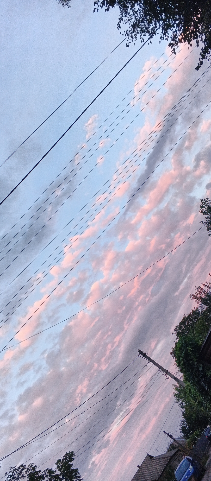 An angled outdoor shot captures a sky filled with pink and gray clouds at dusk. Several dark power lines crisscross the frame diagonally. In the lower right quadrant, a portion of a dark roofline with shingles is visible, along with dark green foliage and a blue car parked on a paved surface. Further left, a wooden utility pole with insulators and wires is present, and more dark green foliage is seen at the bottom left of the image. The scene appears to be from a residential area in Smila, Ukraine.