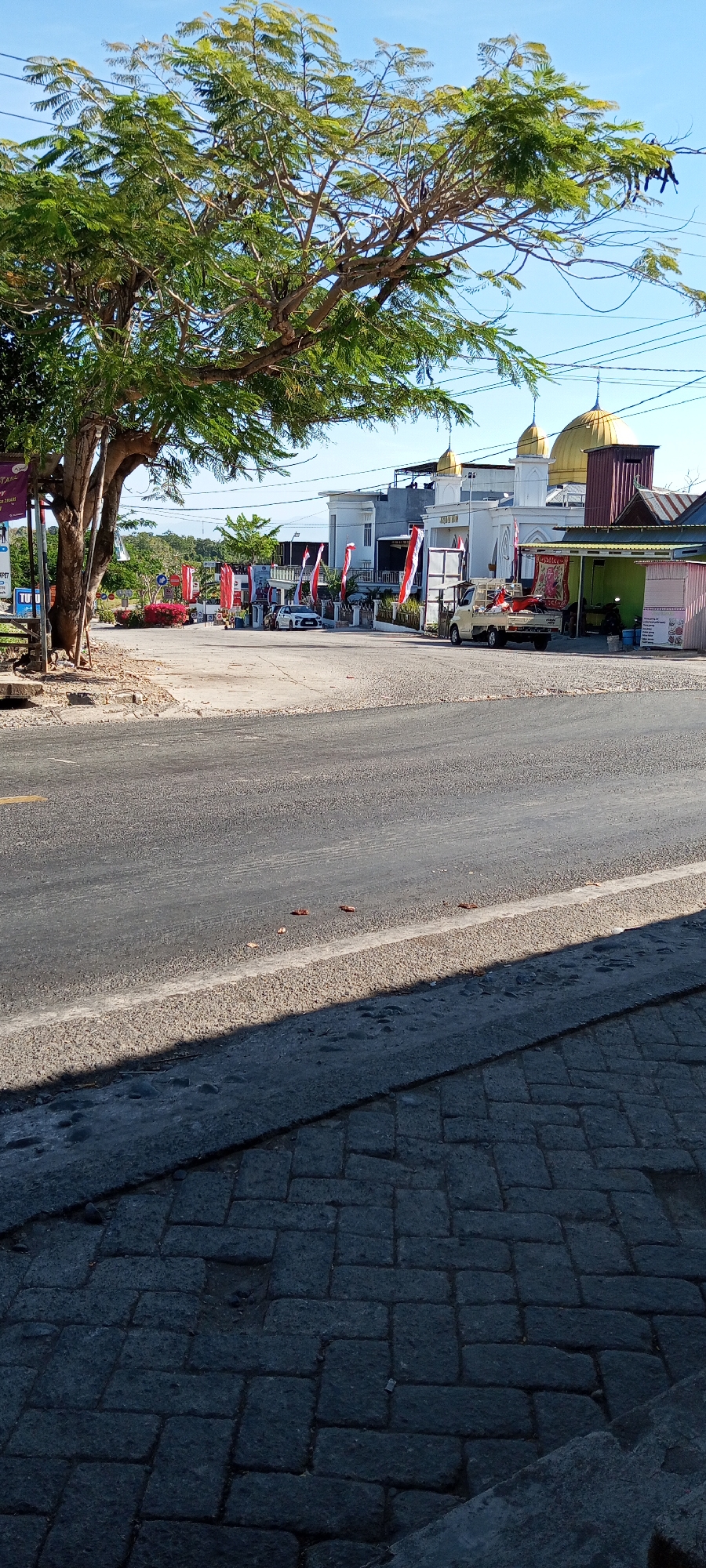 The image depicts a street scene in Pakkanna, Indonesia. The foreground is dominated by a paved road with cobblestone on the right side. A large tree with lush green foliage is prominently featured on the left, casting a shadow across the road. In the mid-ground, a white mosque with golden domes stands out, flanked by buildings and adorned with red and white flags, likely representing the Indonesian flag. A light-colored pickup truck is parked in front of one of the buildings. The sky is clear and blue. There are no visible people in the image, and the scene appears to be quiet and undisturbed.