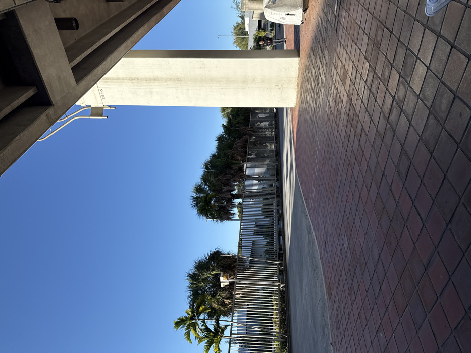 The image depicts an exterior scene in Hialeah, United States of America, likely adjacent to an elevated Metrorail transit line or highway overpass, possibly near the Metrorail Hialeah Station area. The scene is illuminated by bright, direct sunlight under a clear, cloudless blue sky, casting distinct shadows.
In the foreground, a paved area composed of reddish-brown square pavers, laid in a diamond pattern, extends from the bottom of the frame. This paved surface shows a transition from sunlit areas on the left to shadowed areas on the right.
To the left of the paved area, a segment of a dark asphalt or concrete road or path runs horizontally across the mid-ground. Beyond this path, a tall metal fence with numerous vertical bars separates the roadway from a row of single-story, light-colored buildings with flat roofs. A dense line of various palm trees, some with bright green fronds, are visible behind the fence and buildings.
On the right side of the frame, a massive, light-colored concrete pillar, marked with the identifier "1319-S", extends vertically upwards, supporting a large elevated concrete structure. The underside of this overhead structure is visible, featuring dark cylindrical light fixtures and white metal support brackets.
Standing in the mid-ground near the base of the concrete pillar on the right, a single individual is present. This person appears to be an adult, dressed in dark clothing, holding a dark rectangular object, possibly a mobile phone, with both hands in front of them. To their immediate right, partially visible, is a white object covered by a light-colored tarp or fabric, resembling a piece of covered equipment or a utility box.