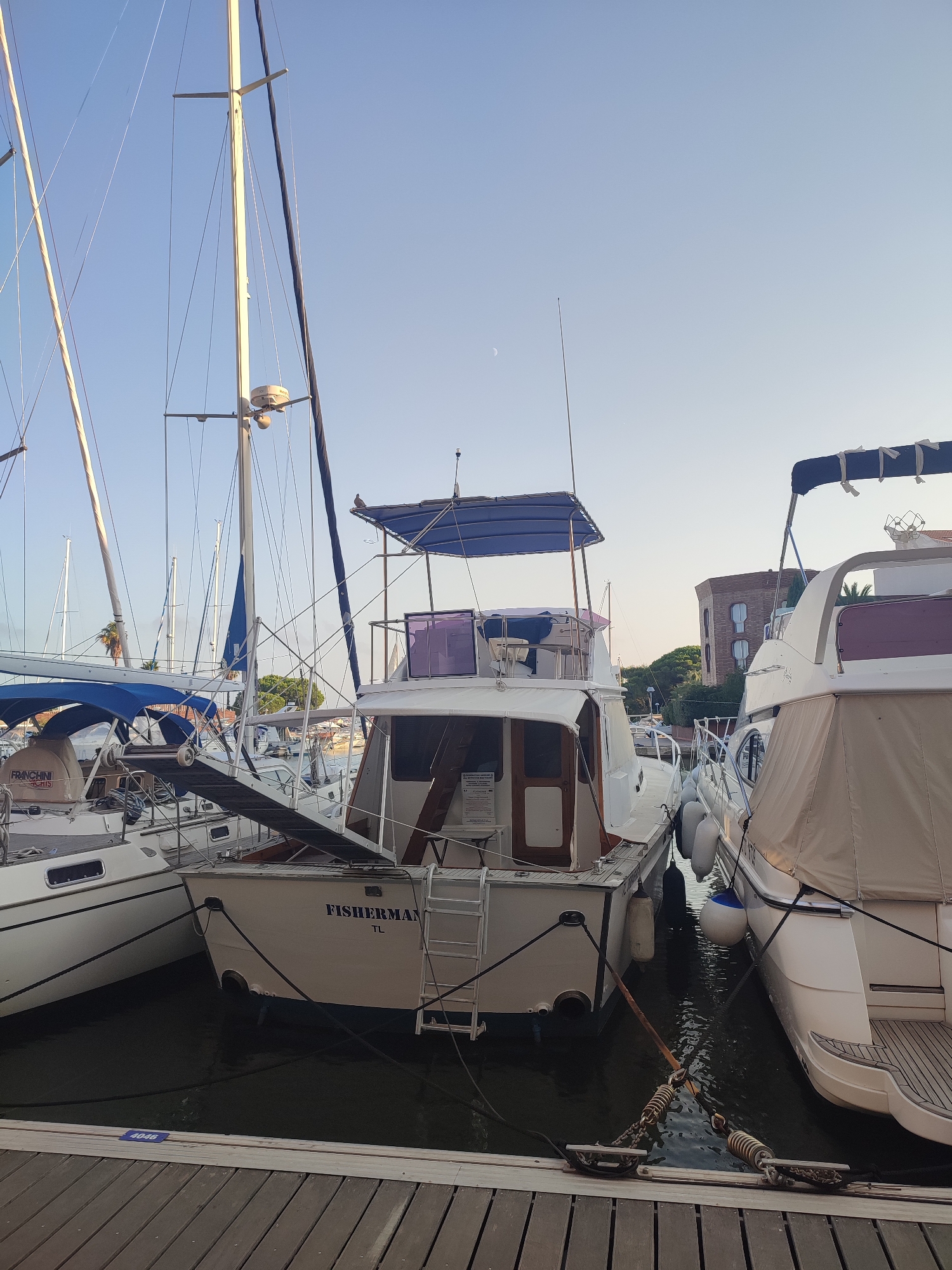 A marina scene is depicted in Hyères, France, under a clear, pale blue sky with the sun low, suggesting early morning or late afternoon light. The foreground is dominated by a wooden dock. Moored boats fill the water.

In the center, a white motorboat with a dark blue canopy is prominent. The name "FISHERMAN" is visible in dark lettering on its stern, along with "TL" below it. A silver ladder extends from the stern into the water. The boat has wooden accents around its windows.

To the left, the stern of another white motorboat is partially visible. It has a blue canopy and the label "FRANCHINI YACHTS" on its side. This boat is moored alongside the central motorboat.

To the right of the central motorboat is a larger white motor yacht, its stern covered by a tan canvas cover. It has several white fenders deployed along its side, and a blue-and-white fender is also visible.

In the background, multiple sailboat masts rise towards the sky, indicating a mixed fleet of vessels. Behind the boats, a building with arched windows and a reddish-brown facade is visible amongst lush green trees. The overall impression is one of calm and order within a well-maintained marina environment.